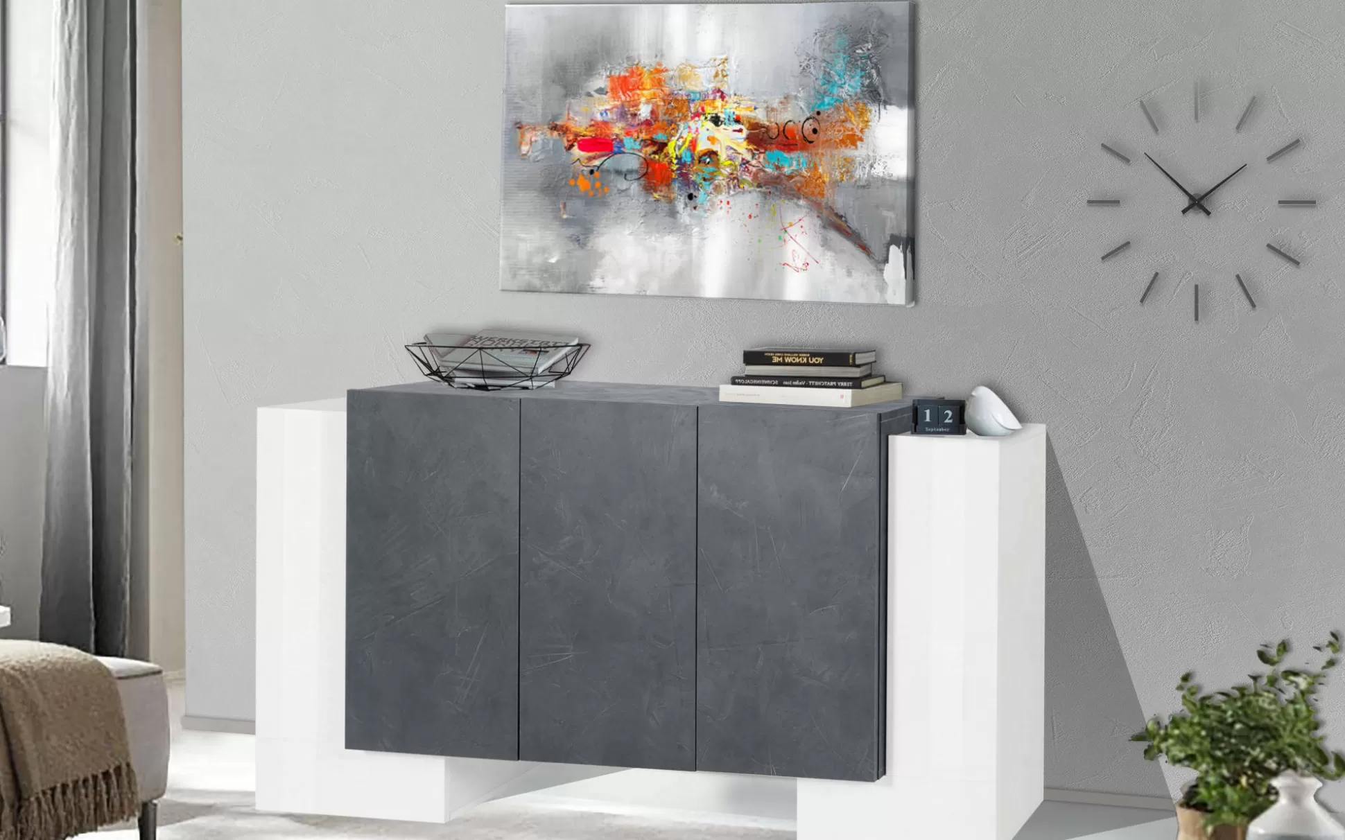 Dmora Credenze<Credenza Arek, cm 170x45h85, Bianco lucido e Ardesia