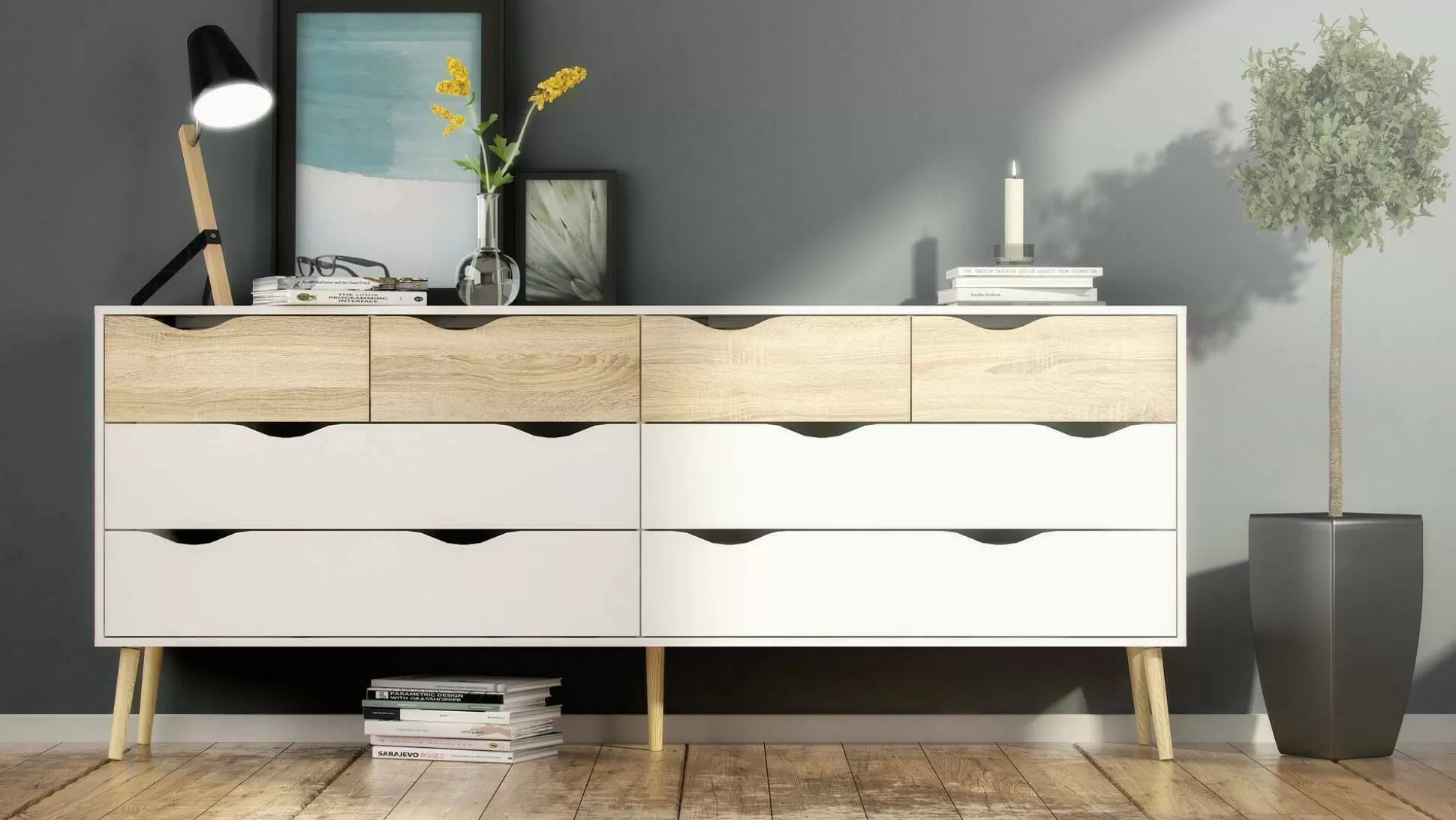 Dmora Credenze<Credenza Arista, 196x39 h82 cm, Bianco e Quercia