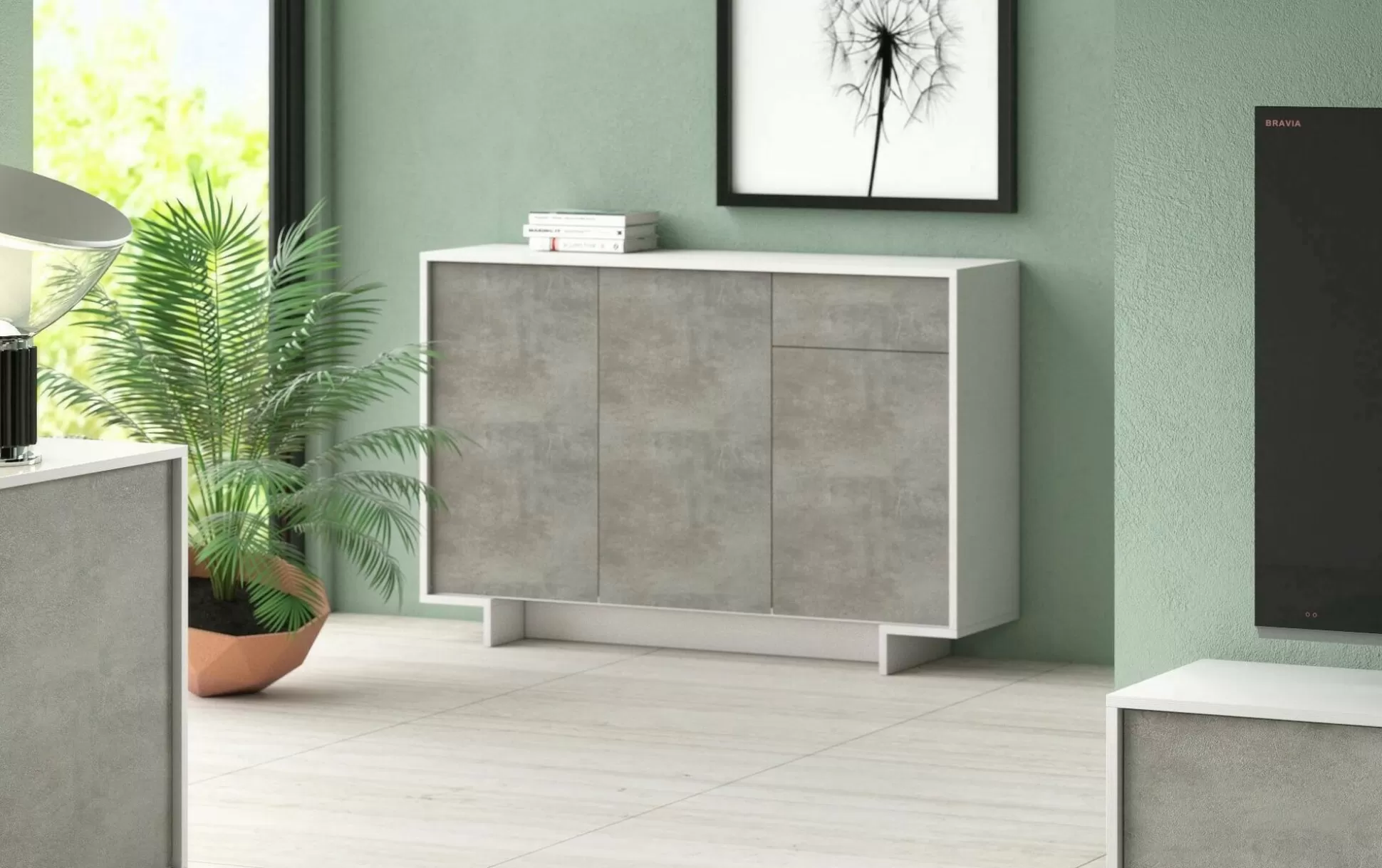 Dmora Credenze<Credenza Arius, 134x35h87 cm, Bianco e Cemento
