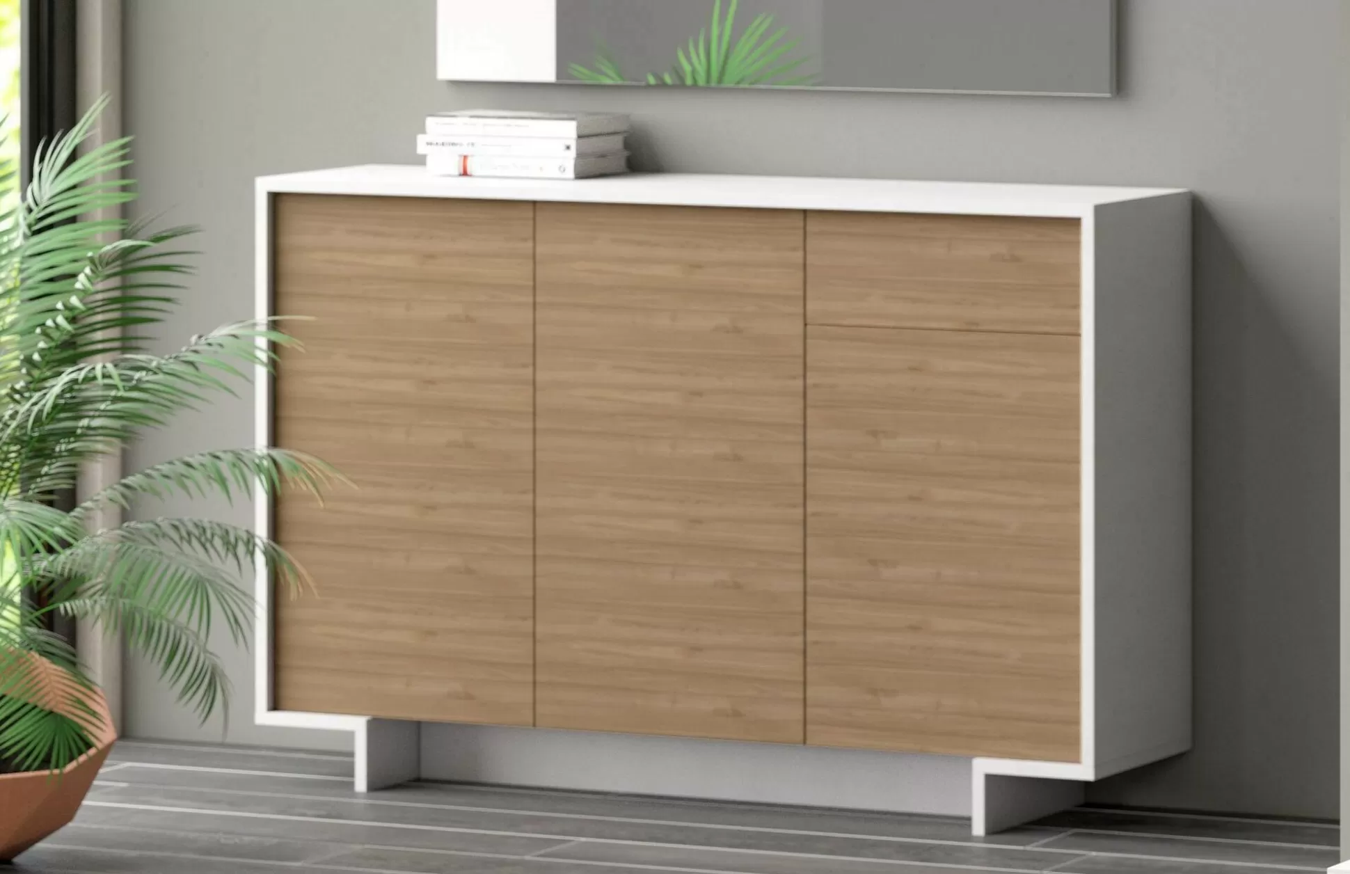 Dmora Credenze<Credenza Arius, 134x35h87 cm, Bianco e Rovere