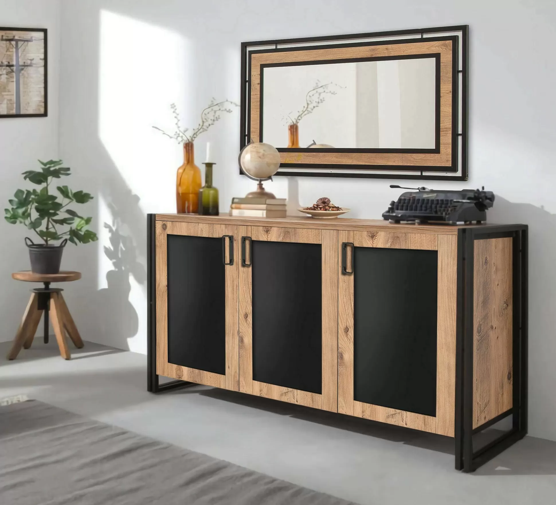 Dmora Credenze<Credenza Arjuna, 140x45h80 cm, Quercia e Nero