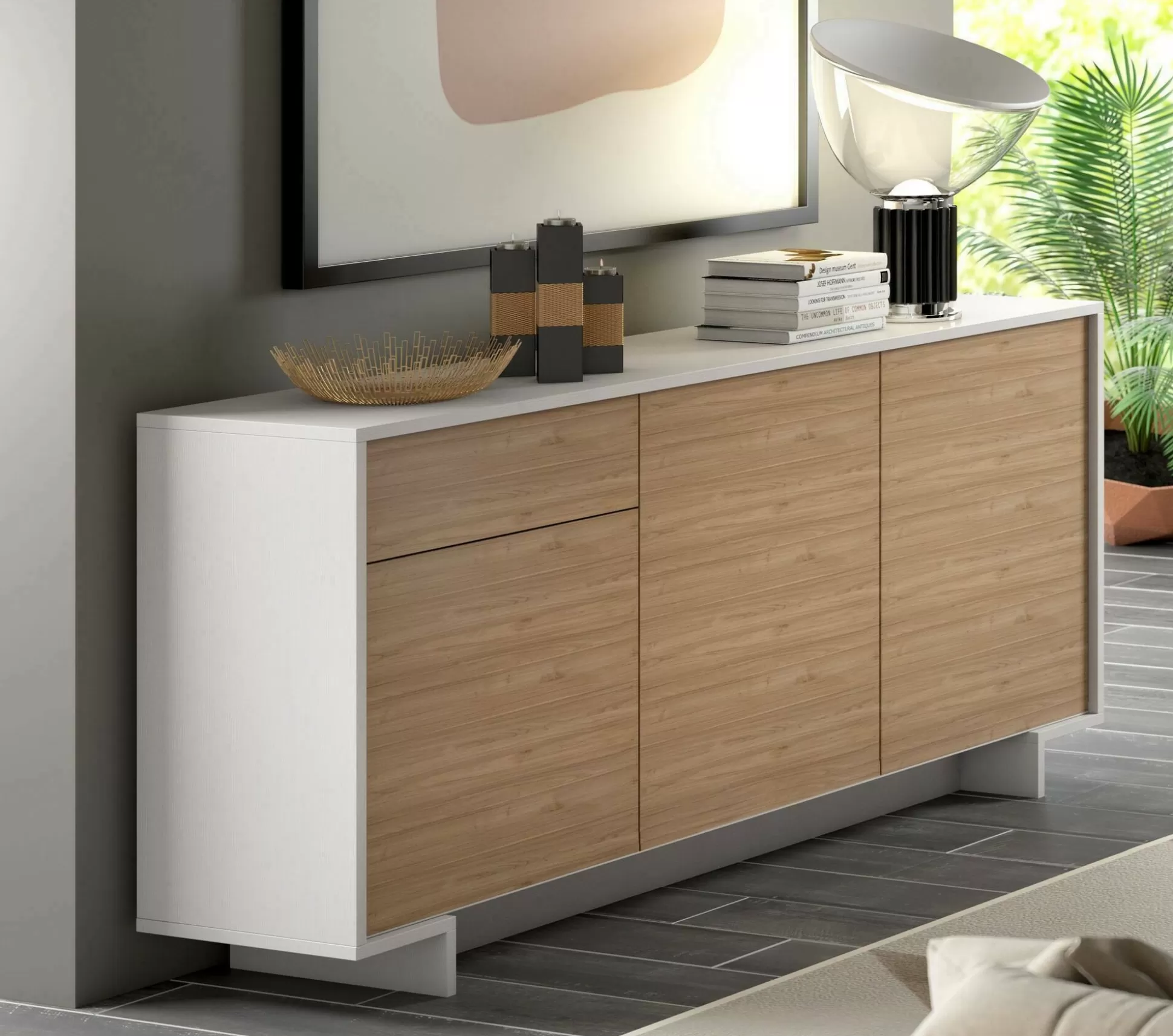 Dmora Credenze<Credenza Aronne, 170x42h78 cm, Bianco e Rovere