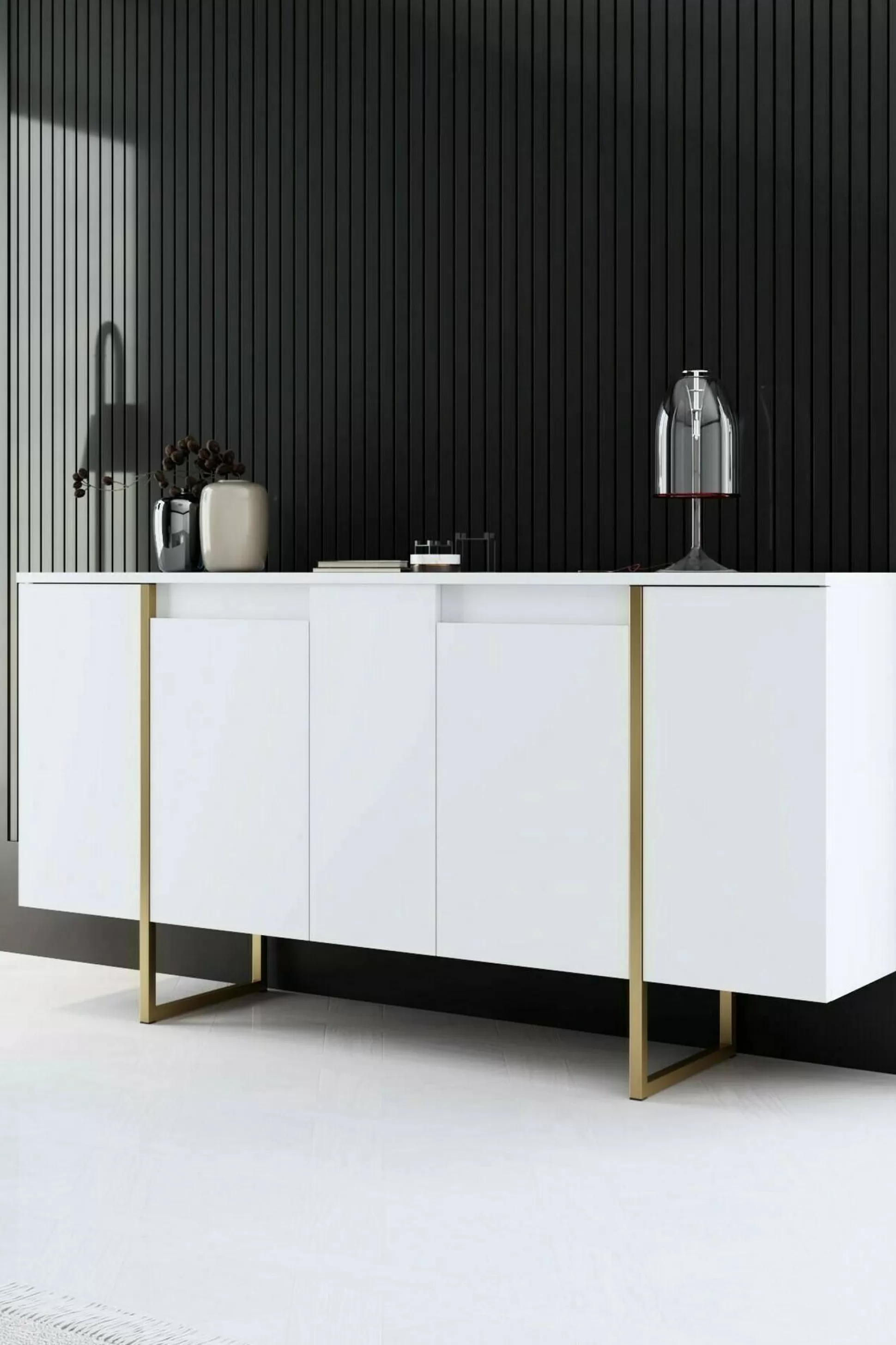 Dmora Credenze<Credenza Arta, 160x35h80 cm, Bianco e Oro
