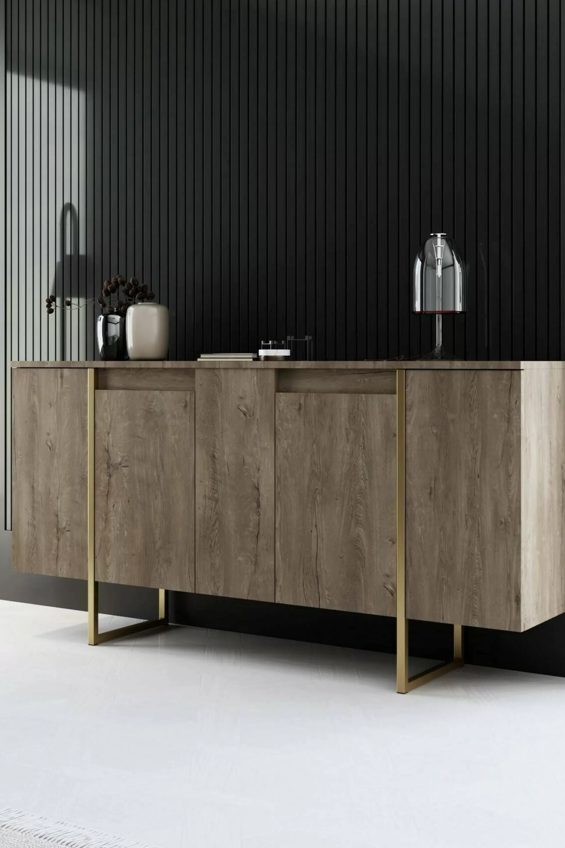Dmora Credenze<Credenza Arta, 160x35h80 cm, Noce e Oro