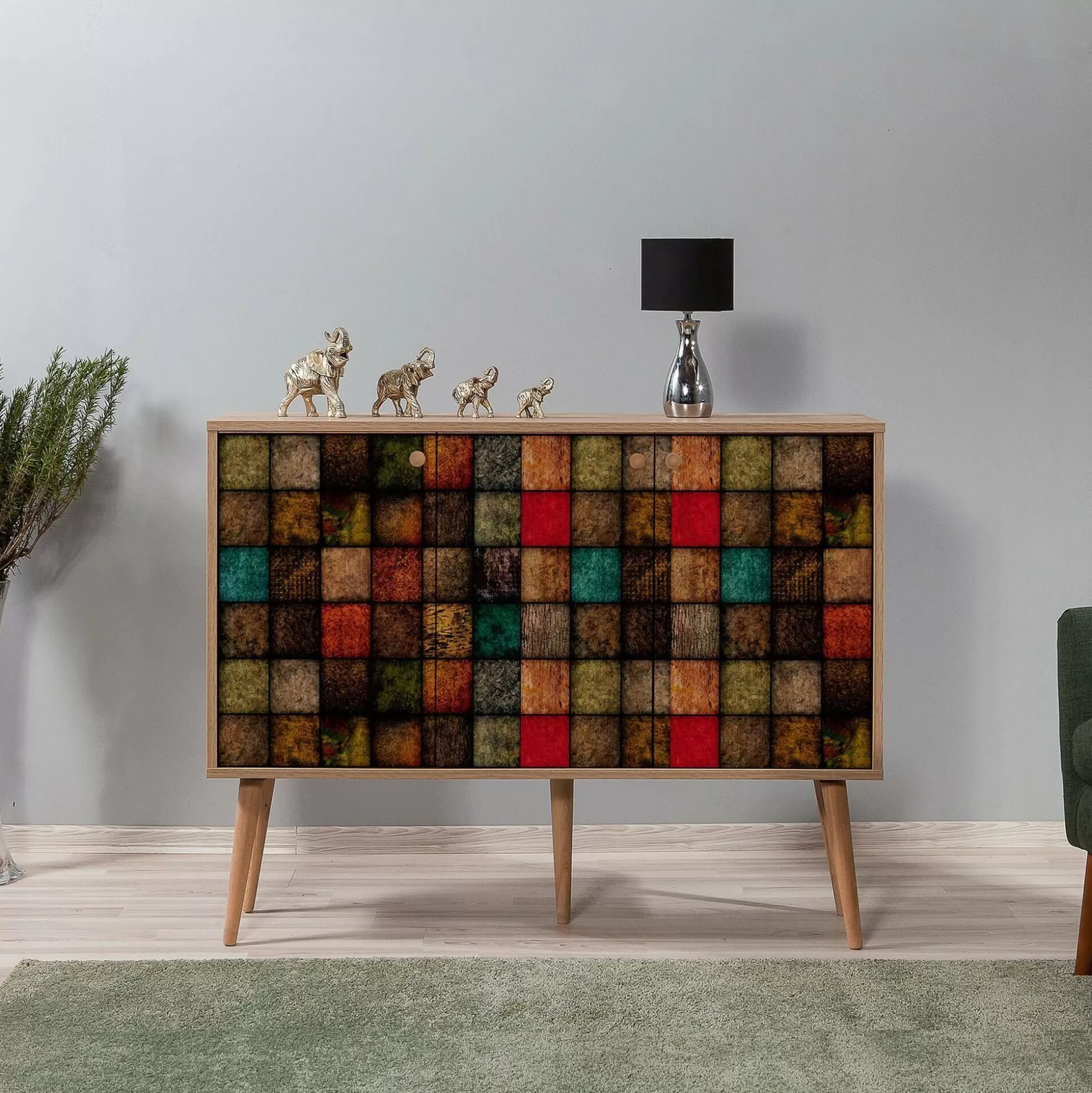 Dmora Credenze<Credenza Arzumia, 120x36h90 cm, Quercia e Multicolore