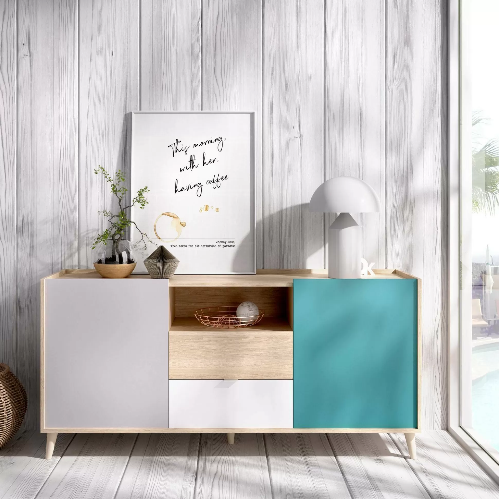 Dmora Credenze<Credenza Asa, 155x43h75 cm, Bianco e Rovere
