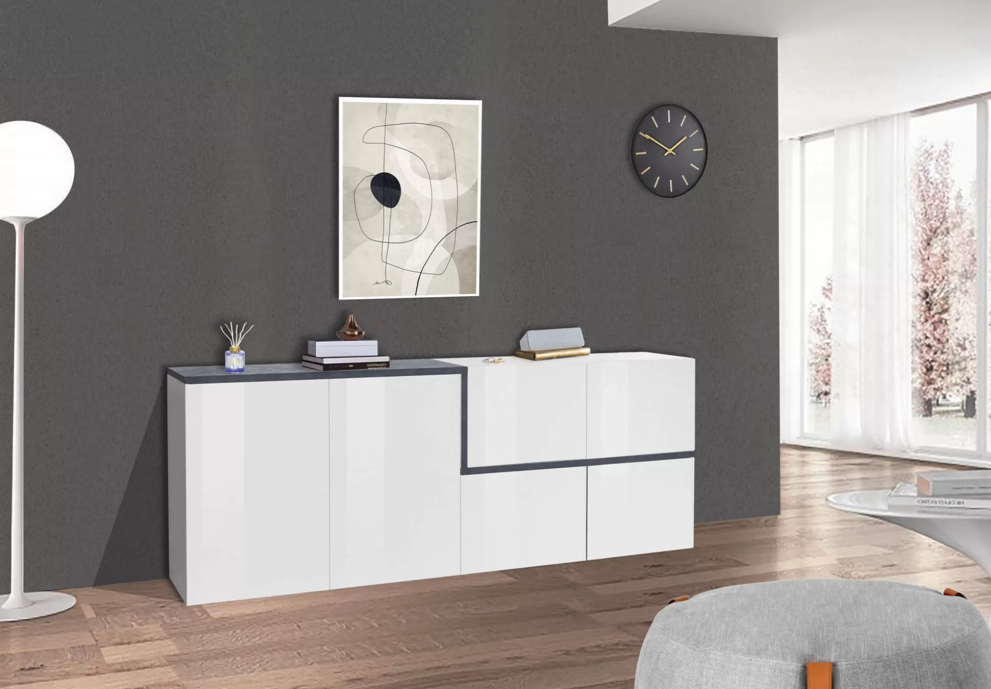 Dmora Credenze<Credenza Asaba, cm 210x40h80, Bianco lucido e Ardesia