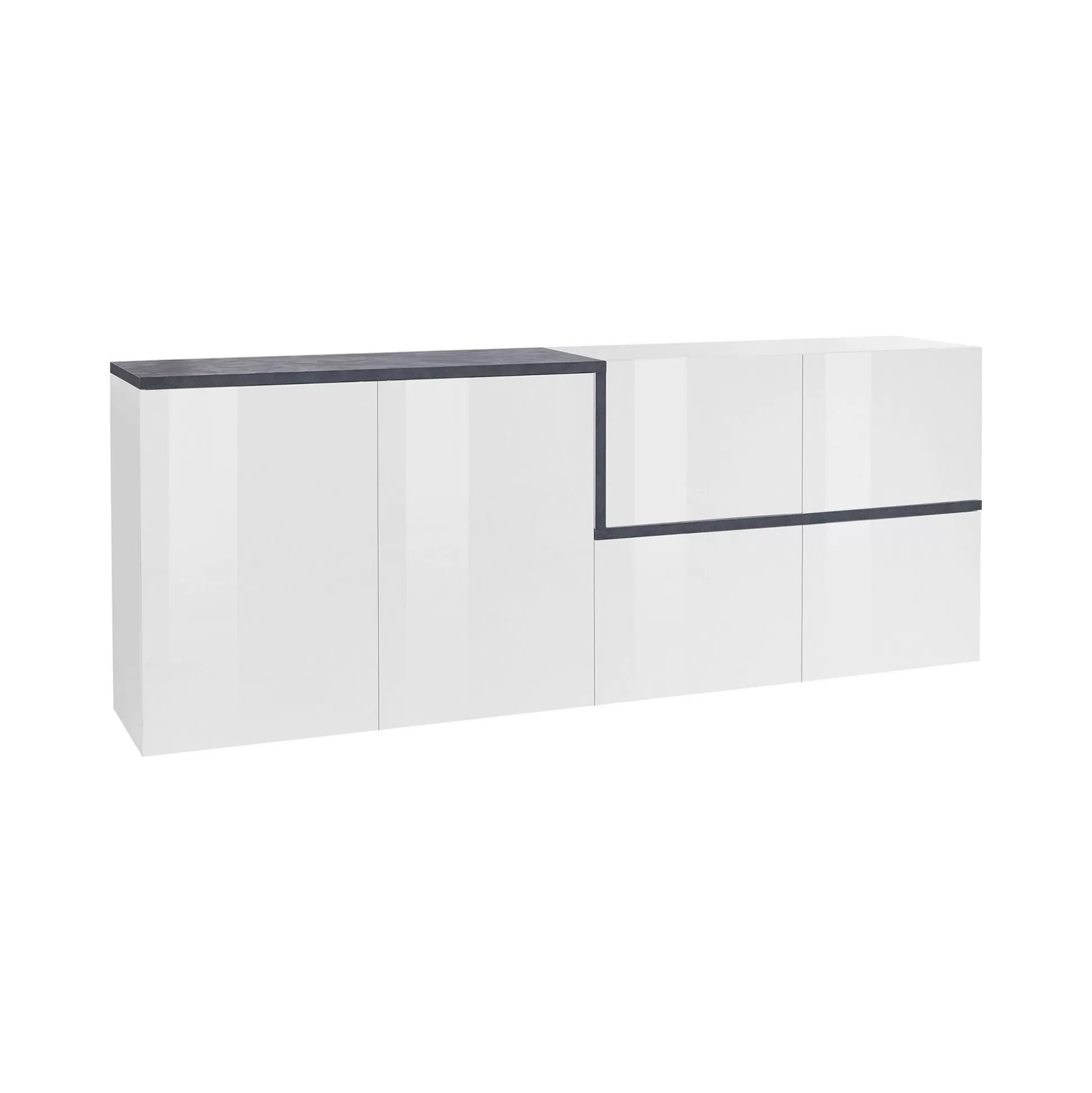 Dmora Credenze<Credenza Asaba, cm 210x40h80, Bianco lucido e Ardesia