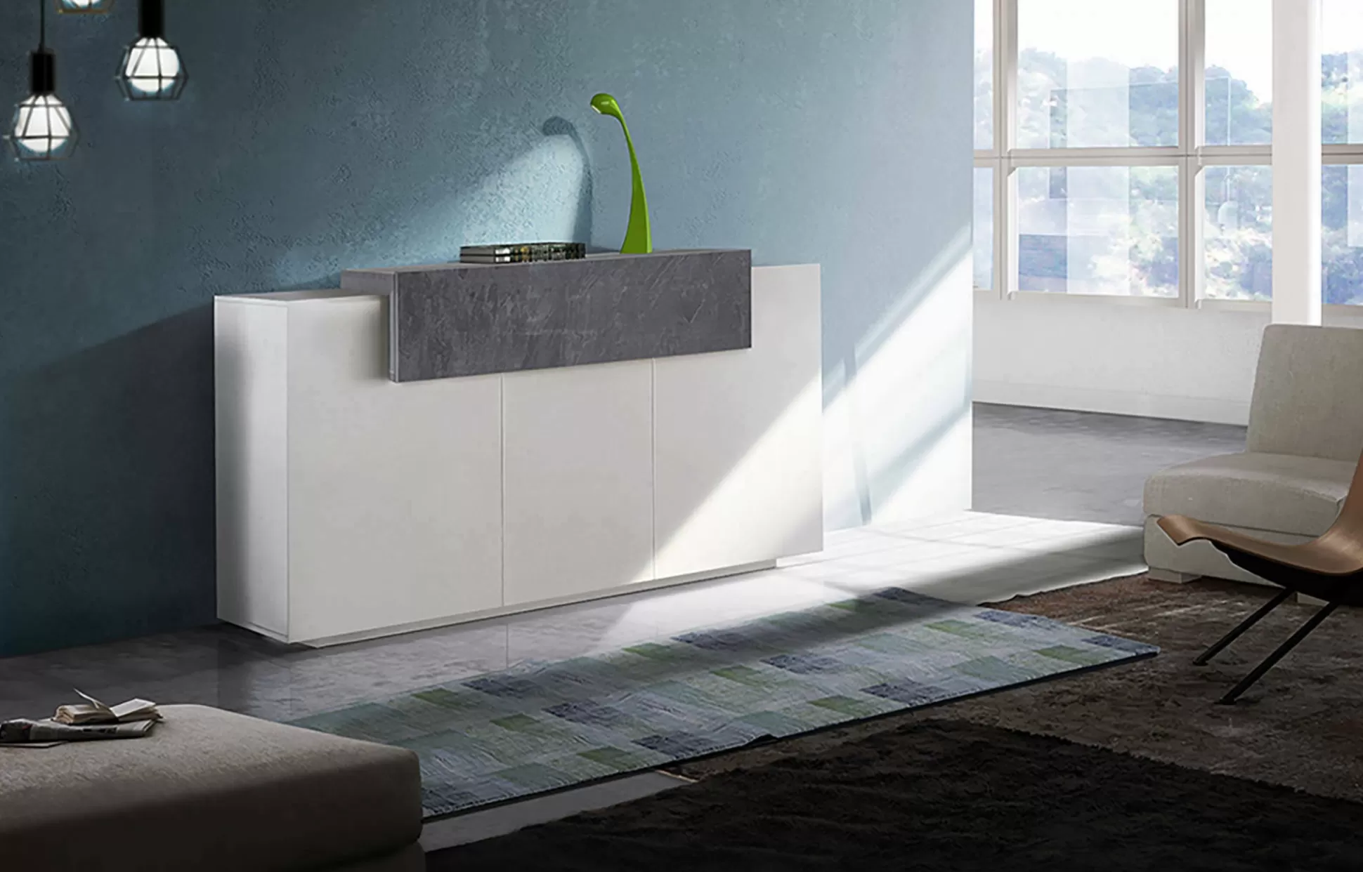 Dmora Credenze<Credenza Aschly, cm 160x45h86, Bianco lucido e Ardesia