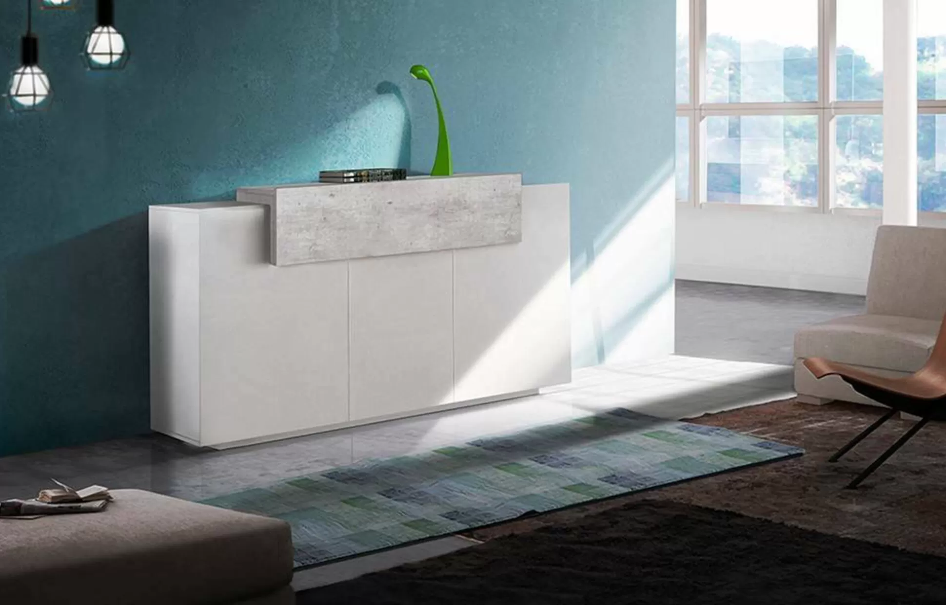 Dmora Credenze<Credenza Aschly, cm 160x45h86, Bianco lucido e Cemento