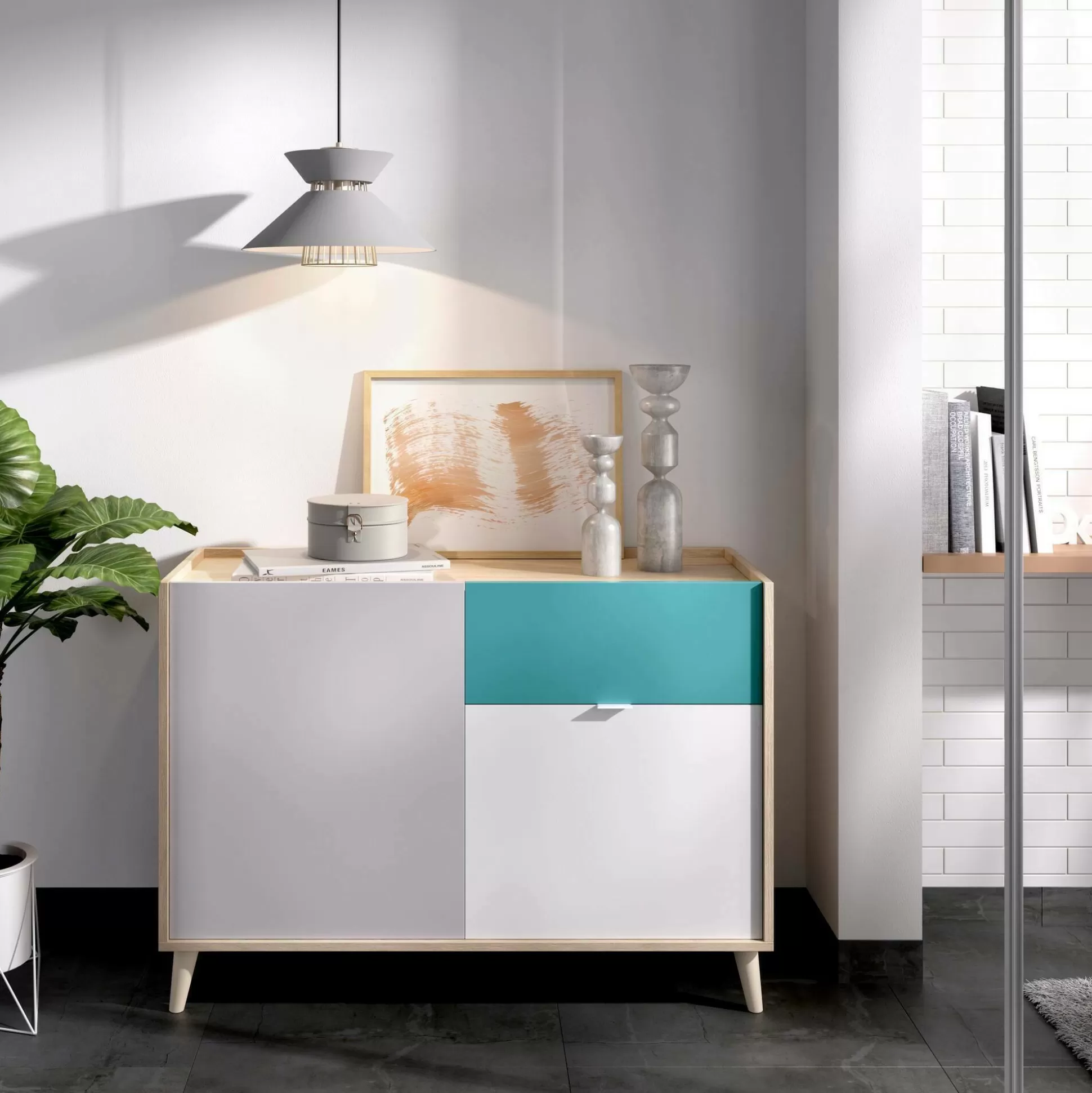 Dmora Credenze<Credenza Ascot, 105x43h75 cm, Bianco e Rovere