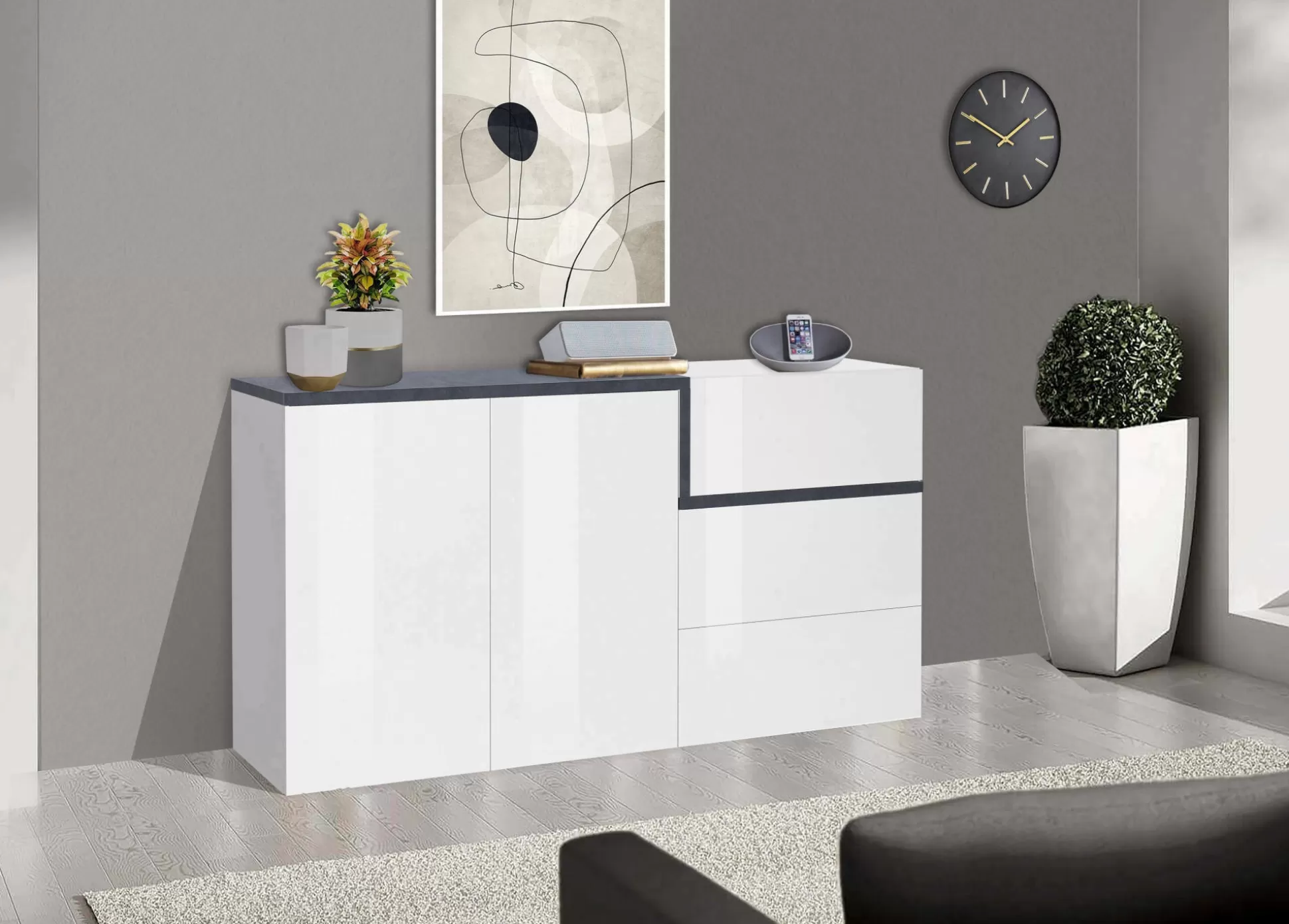 Dmora Credenze<Credenza Asgard, cm 150x40h80, Bianco lucido e Ardesia