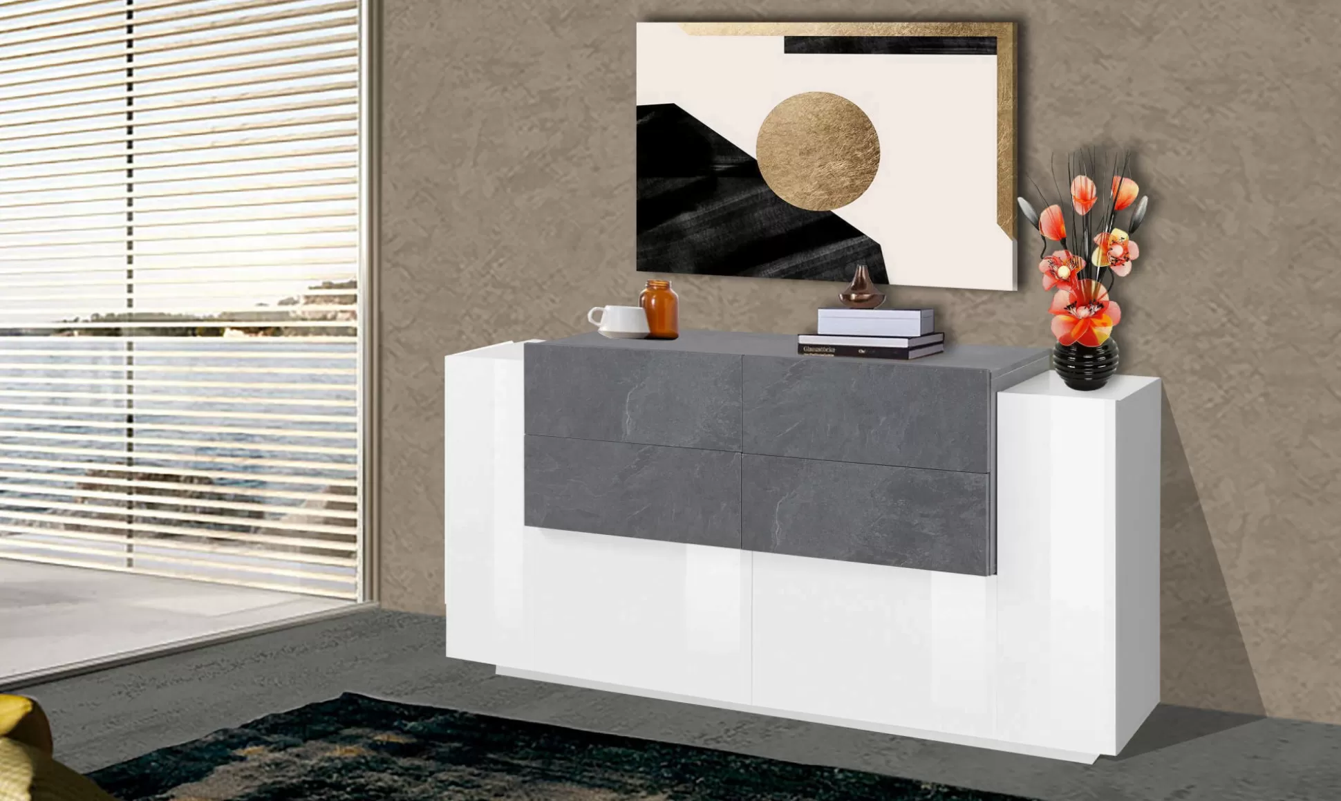 Dmora Credenze<Credenza Ashi, cm 160x45h86, Bianco lucido e Ardesia