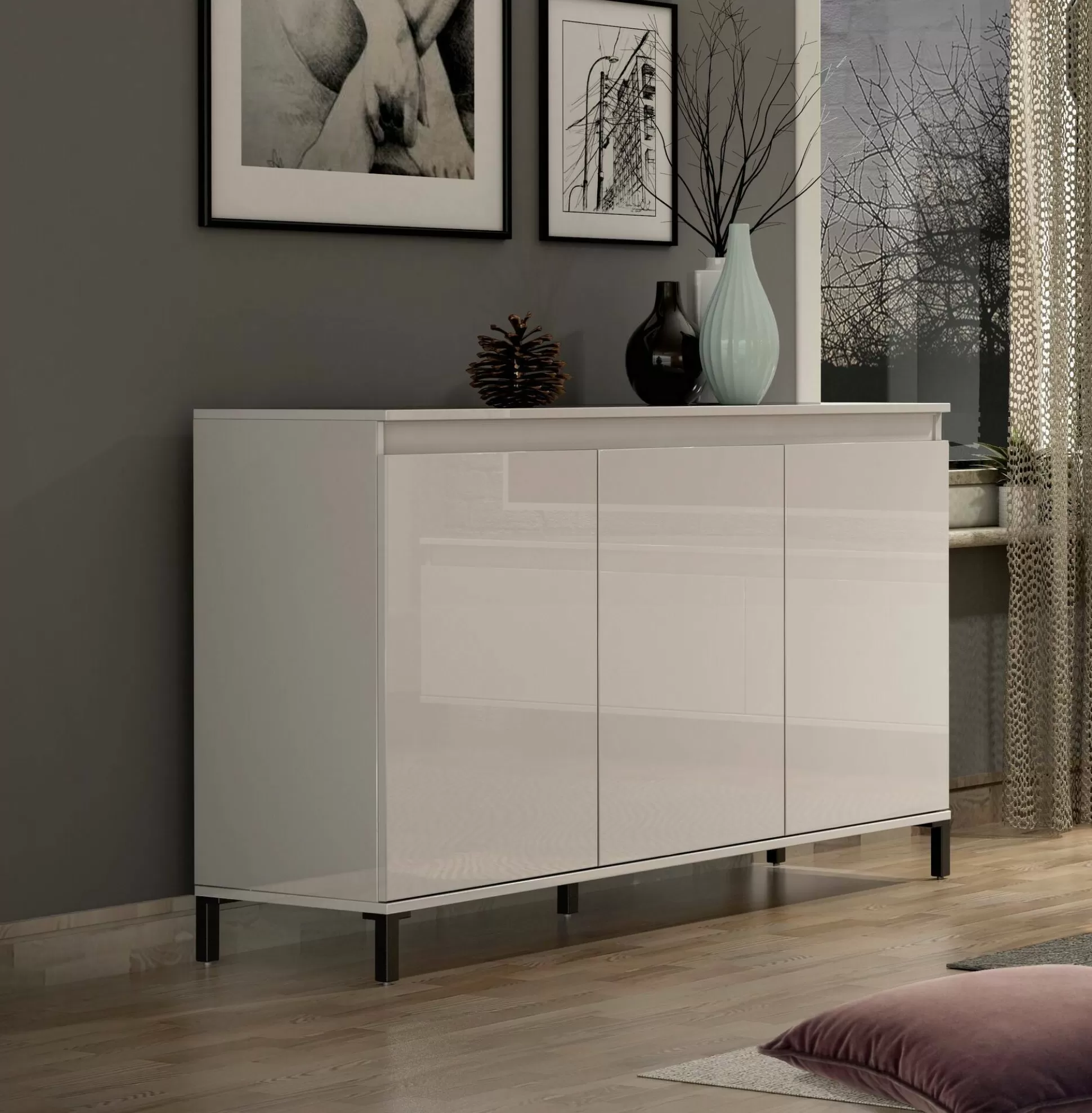 Dmora Credenze<Credenza Assinello, 138x40h90 cm, Bianco lucido e Antracite
