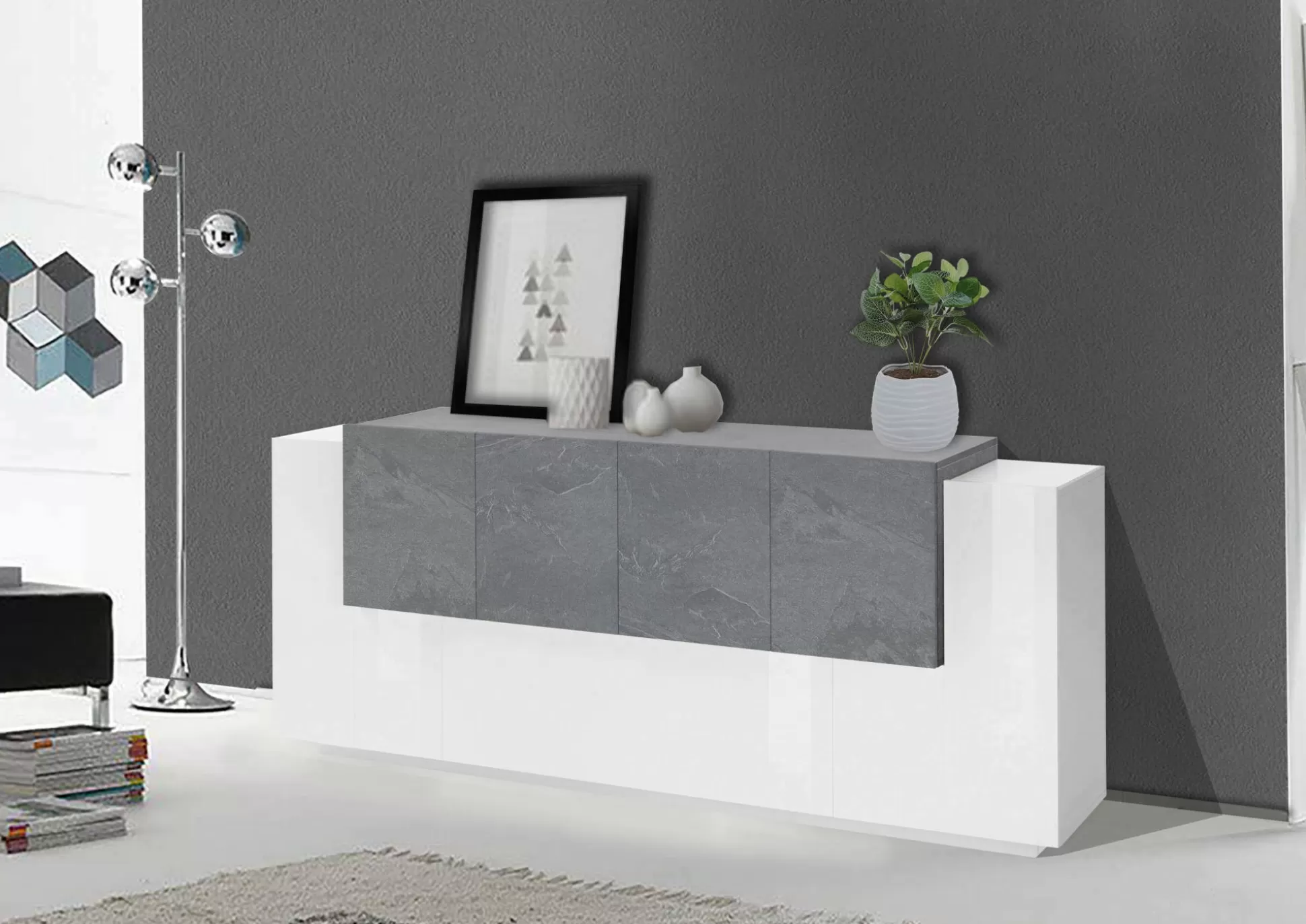 Dmora Credenze<Credenza Astice, cm 200x45h86, Bianco lucido e Ardesia
