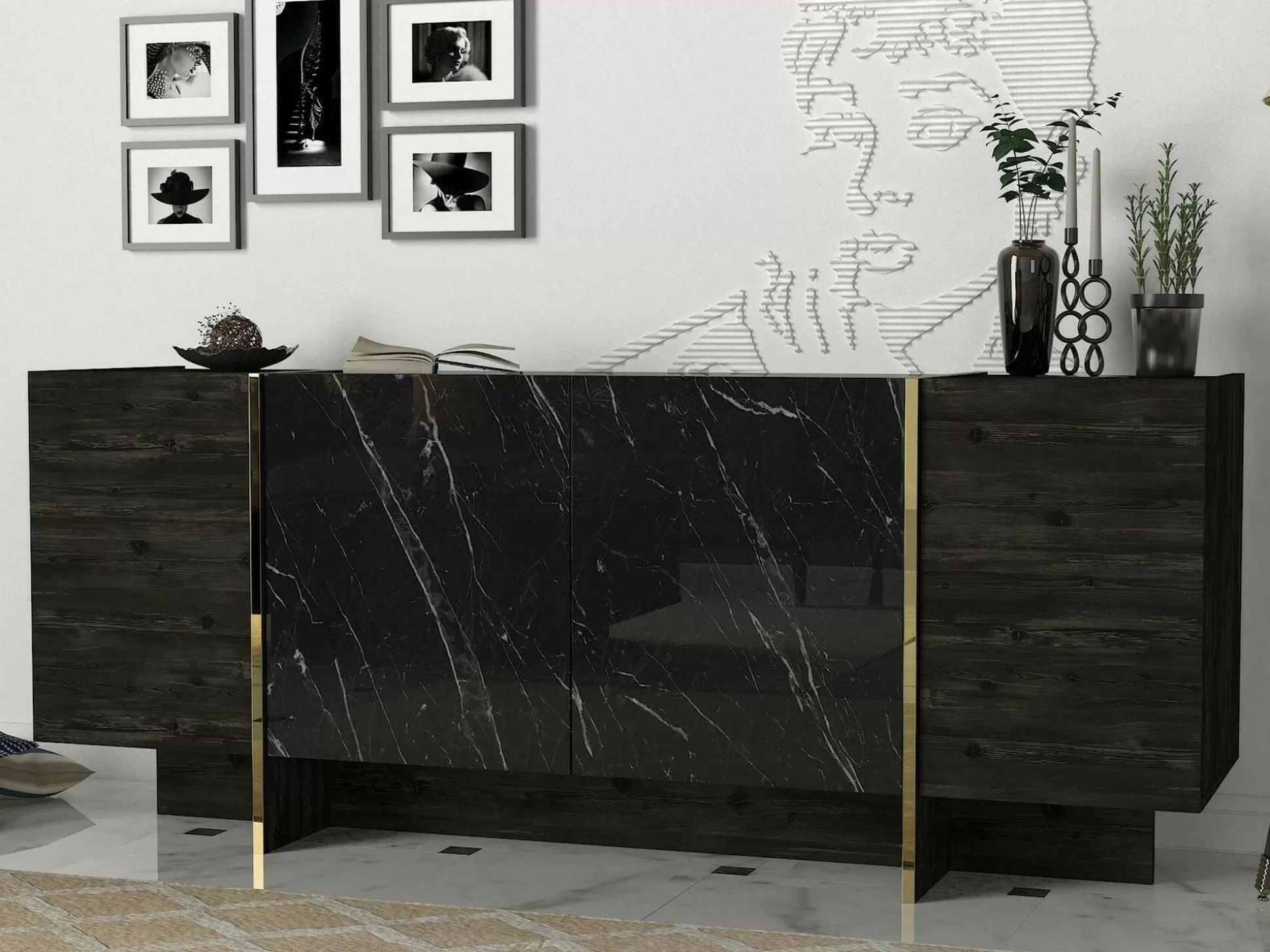 Dmora Credenze<Credenza Asto, 180x47h76 cm, Nero e Oro