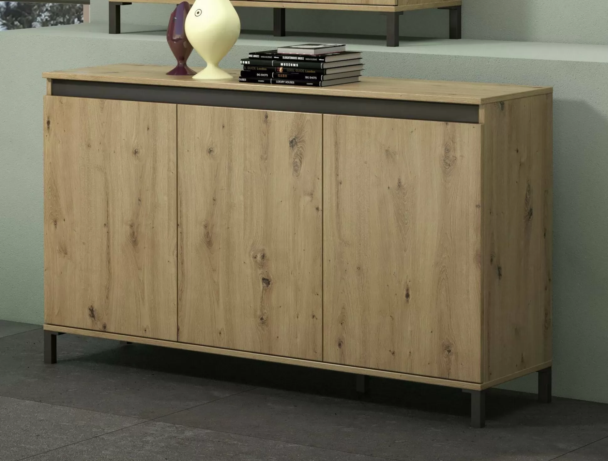 Dmora Credenze<Credenza Attilius, 138x40h90 cm, Bianco lucido e Antracite