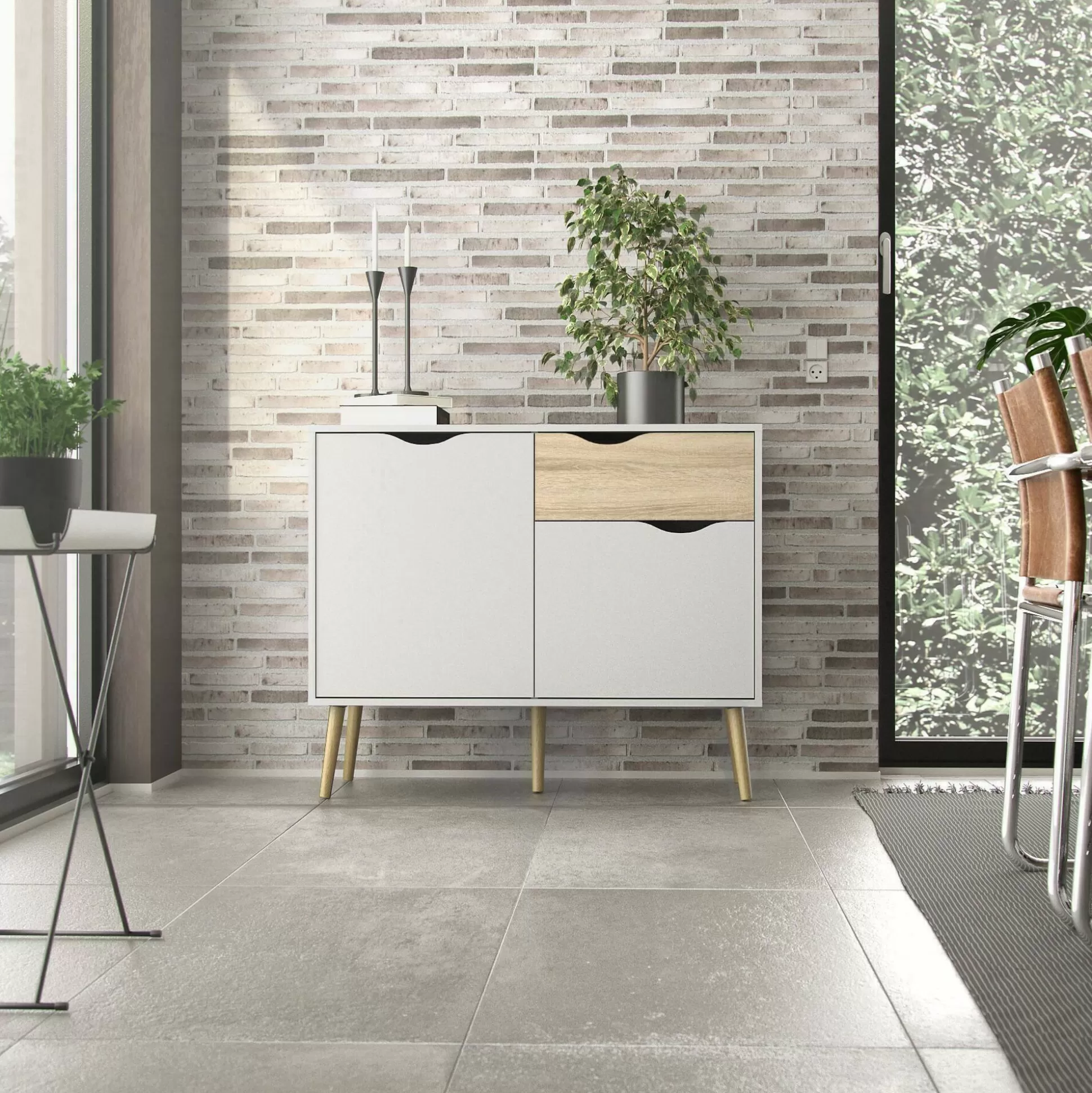Dmora Credenze<Credenza Audit, 98x39 h81 cm, Bianco e Quercia