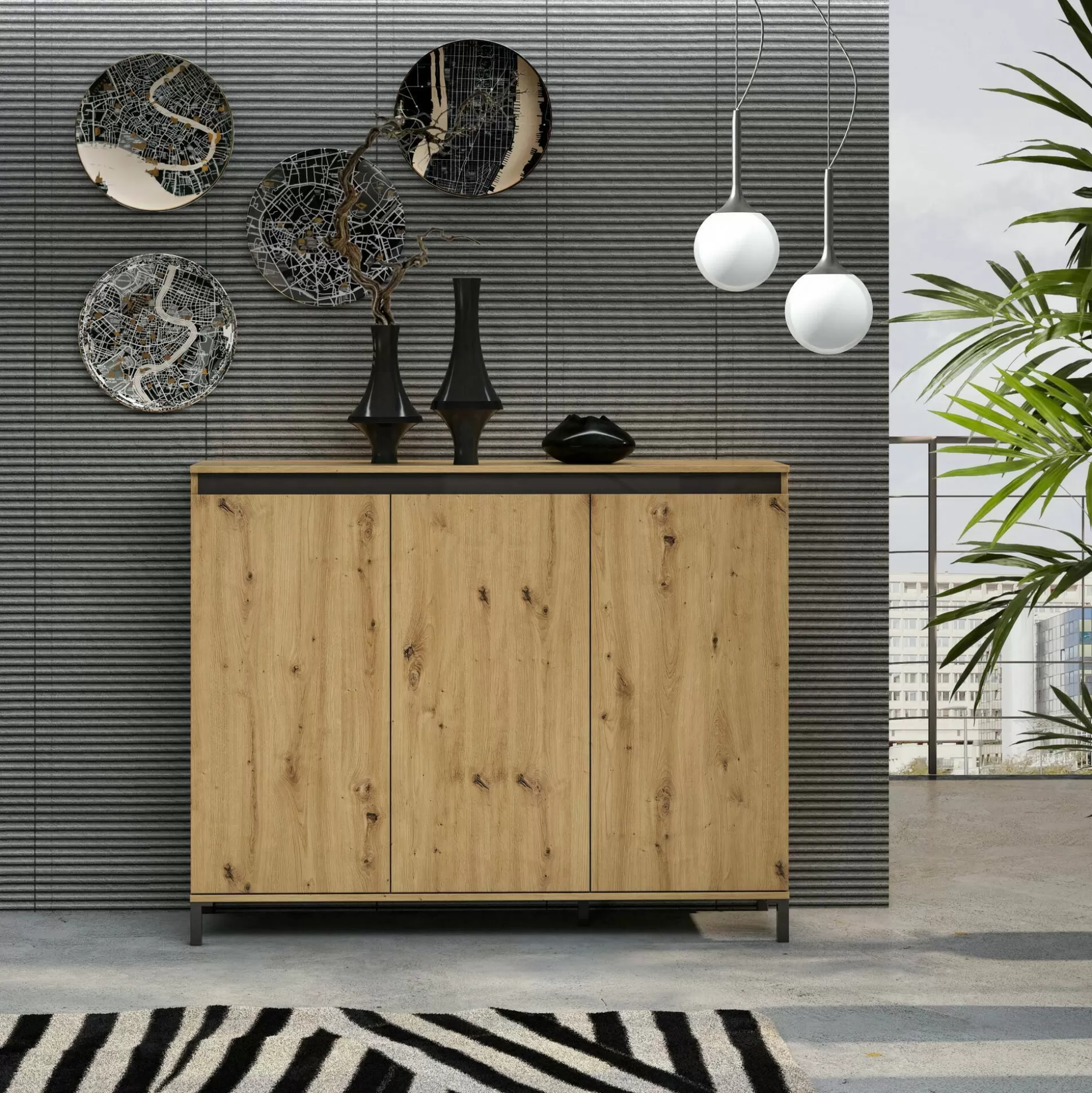 Dmora Credenze<Credenza Averara, 138x110h40 cm, Bianco lucido e Antracite