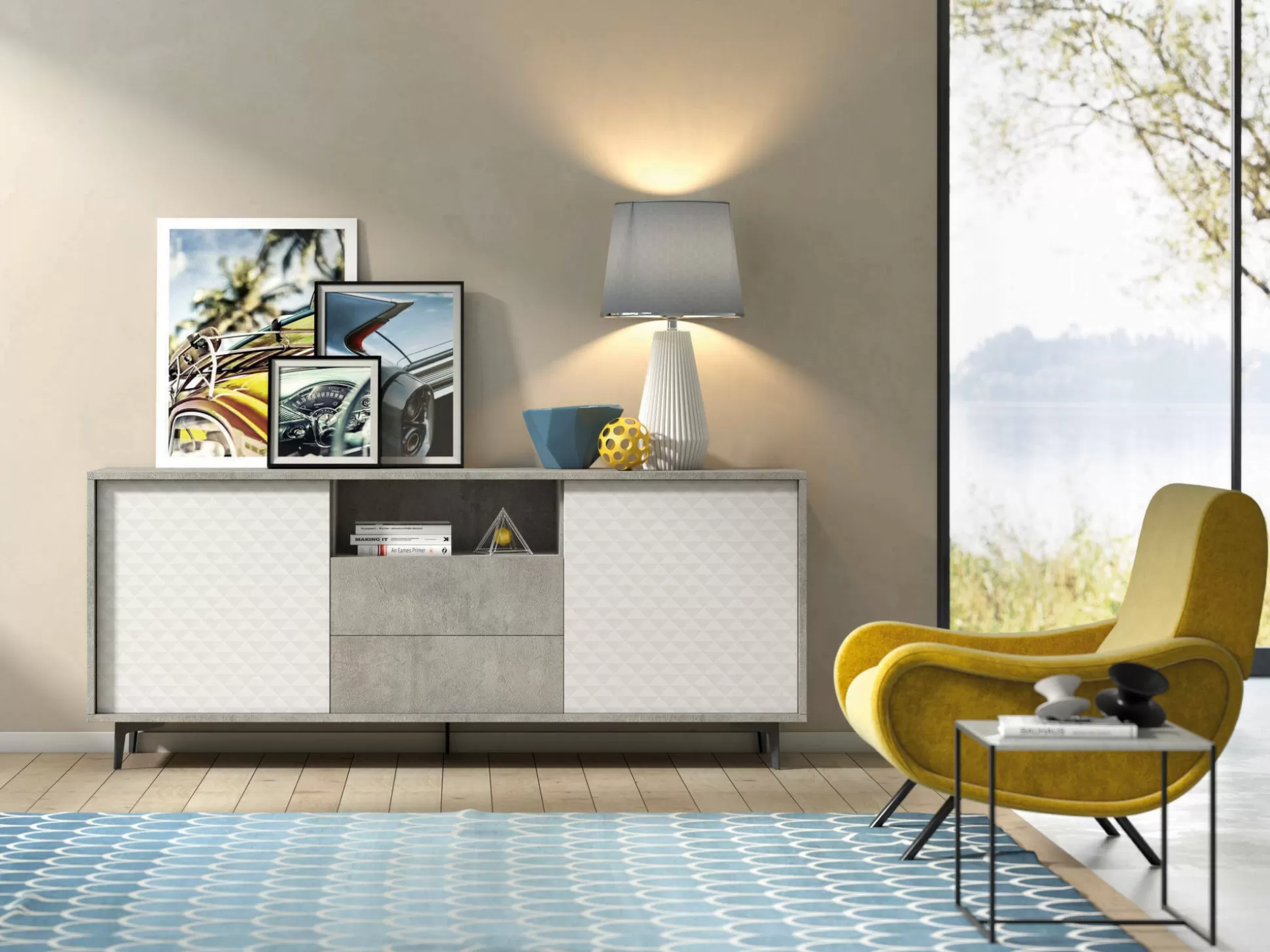 Dmora Credenze<Credenza Azis, 184x45h77 cm, Bianco e Cemento