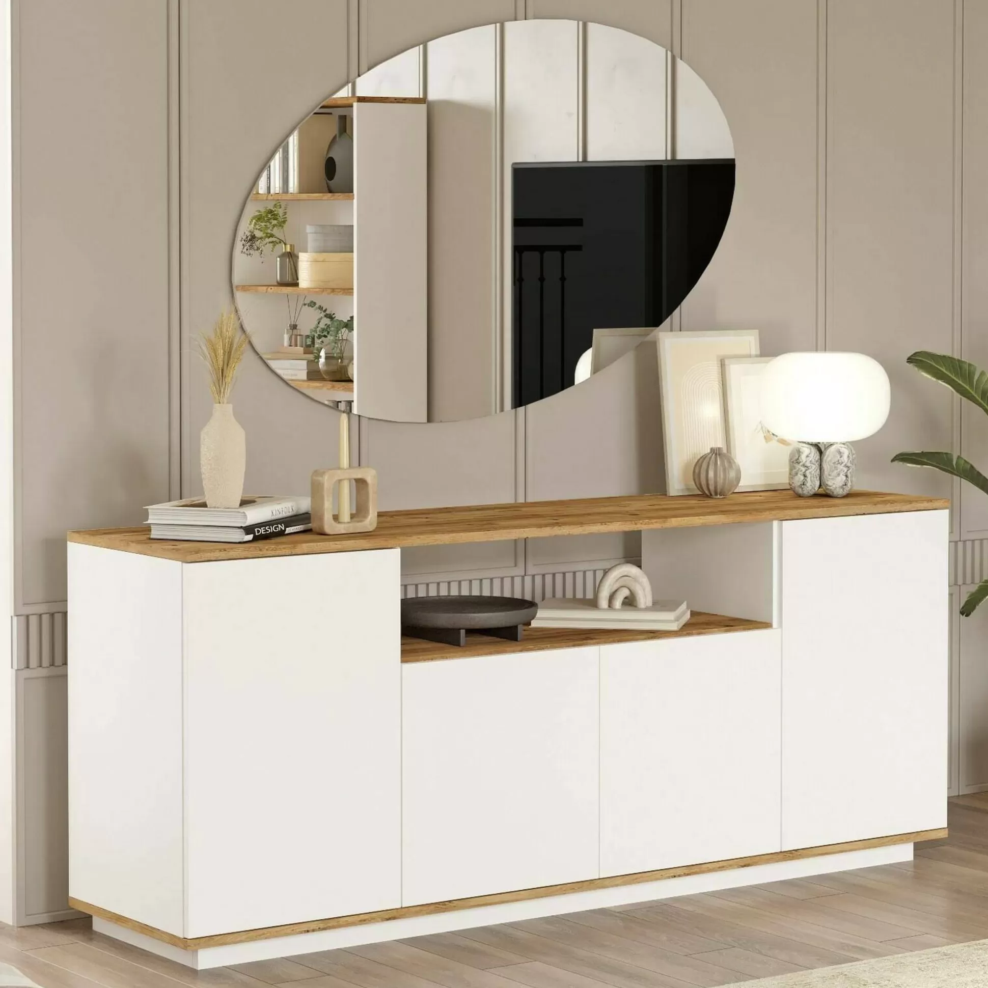 Dmora Credenze<Credenza Aziz, 180x45h75 cm, Quercia e Bianco