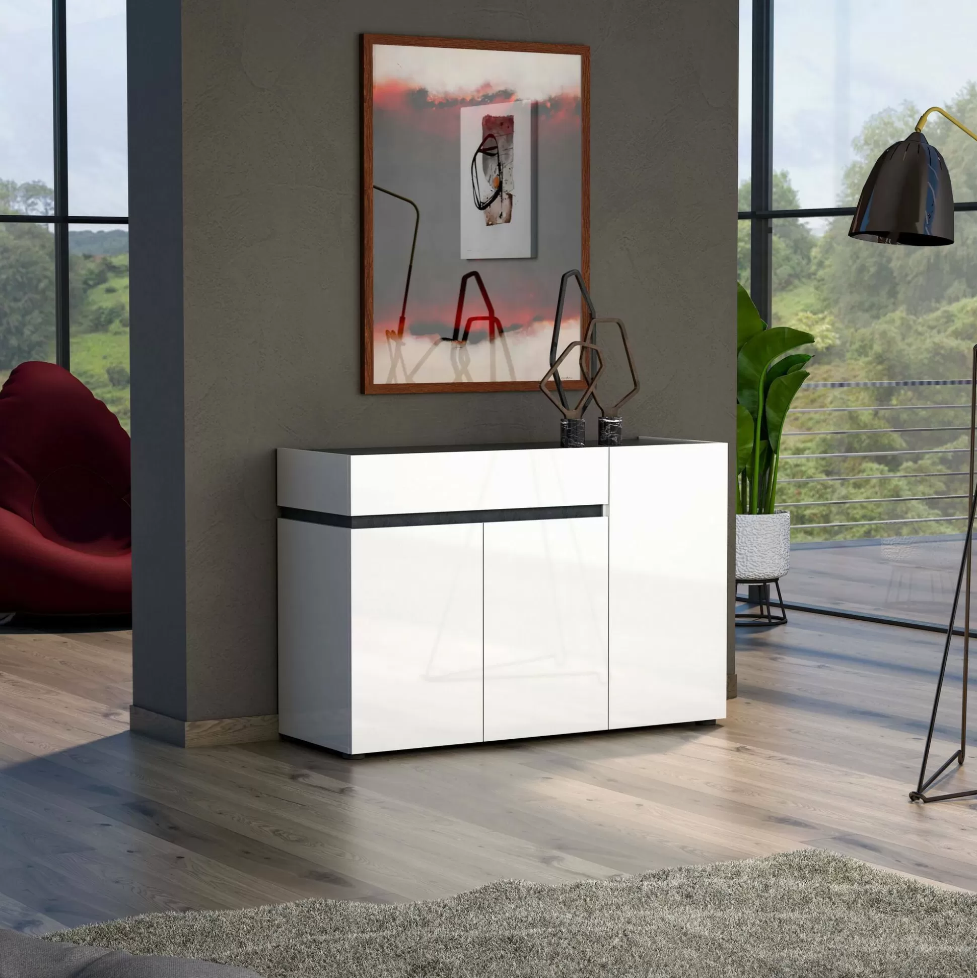 Dmora Credenze<Credenza Bajardo, 120x42h80 cm, Bianco lucido e Antracite
