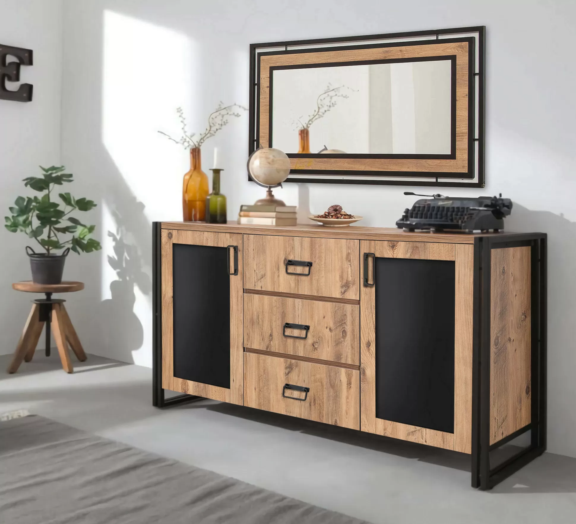 Dmora Credenze<Credenza Baldo, 160x45 h80 cm, Quercia e Nero
