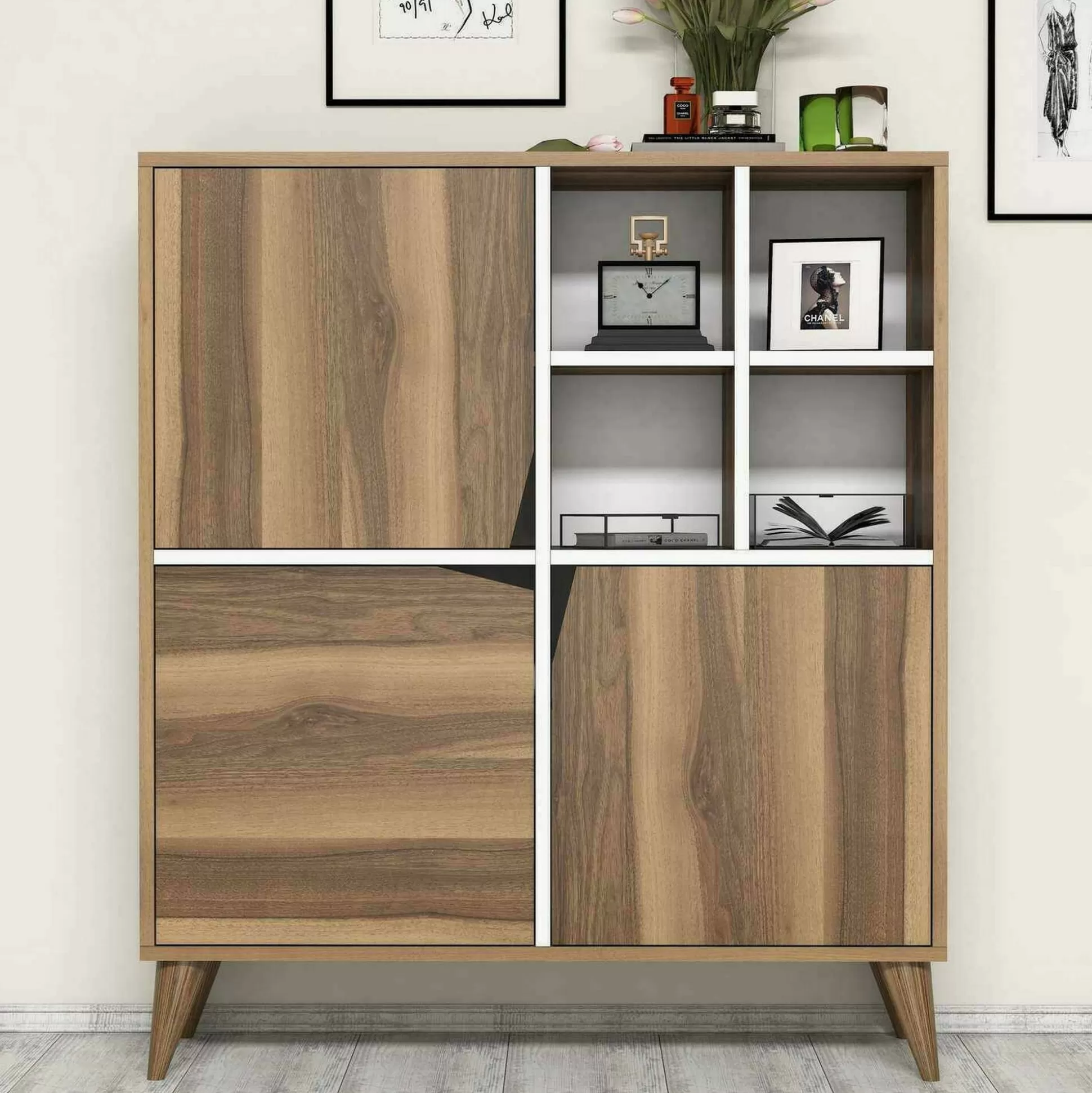 Dmora Credenze<Credenza Barasso, 100x30h115 cm, Noce e Bianco
