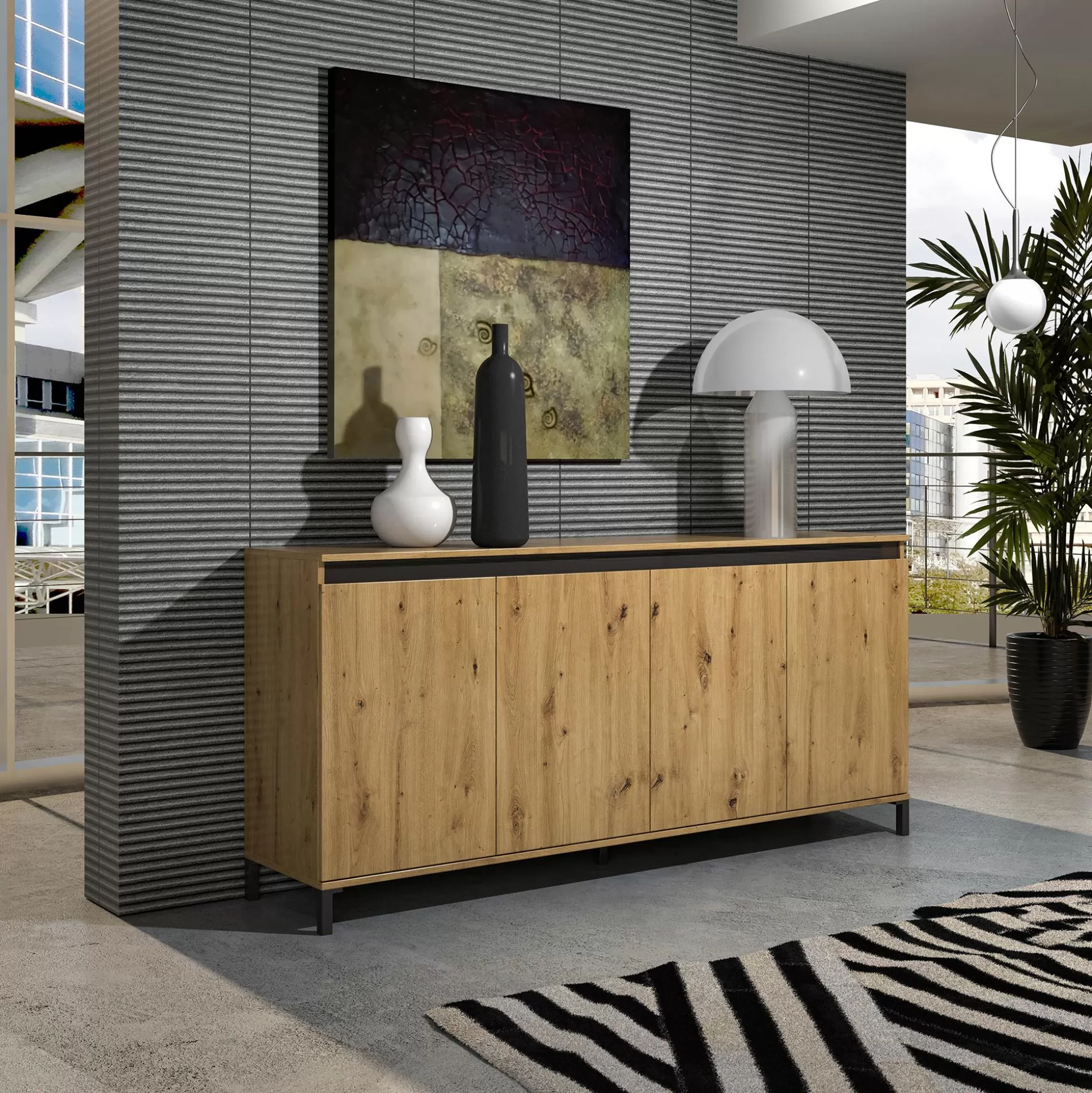 Dmora Credenze<Credenza Basiano, 184x90h40 cm, Bianco lucido e Antracite