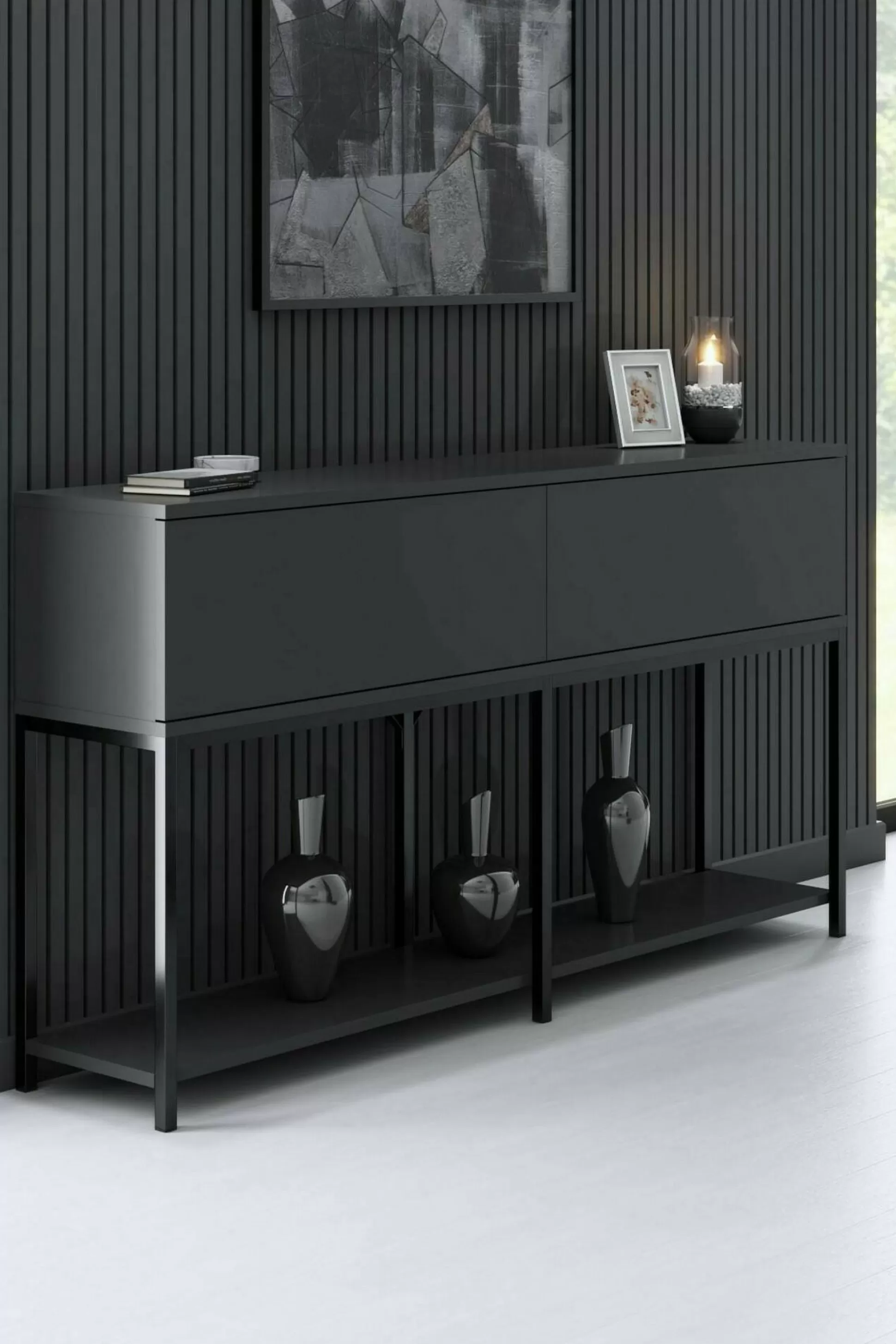 Dmora Credenze<Credenza Basilia, 150x30h80 cm, Antracite e Nero