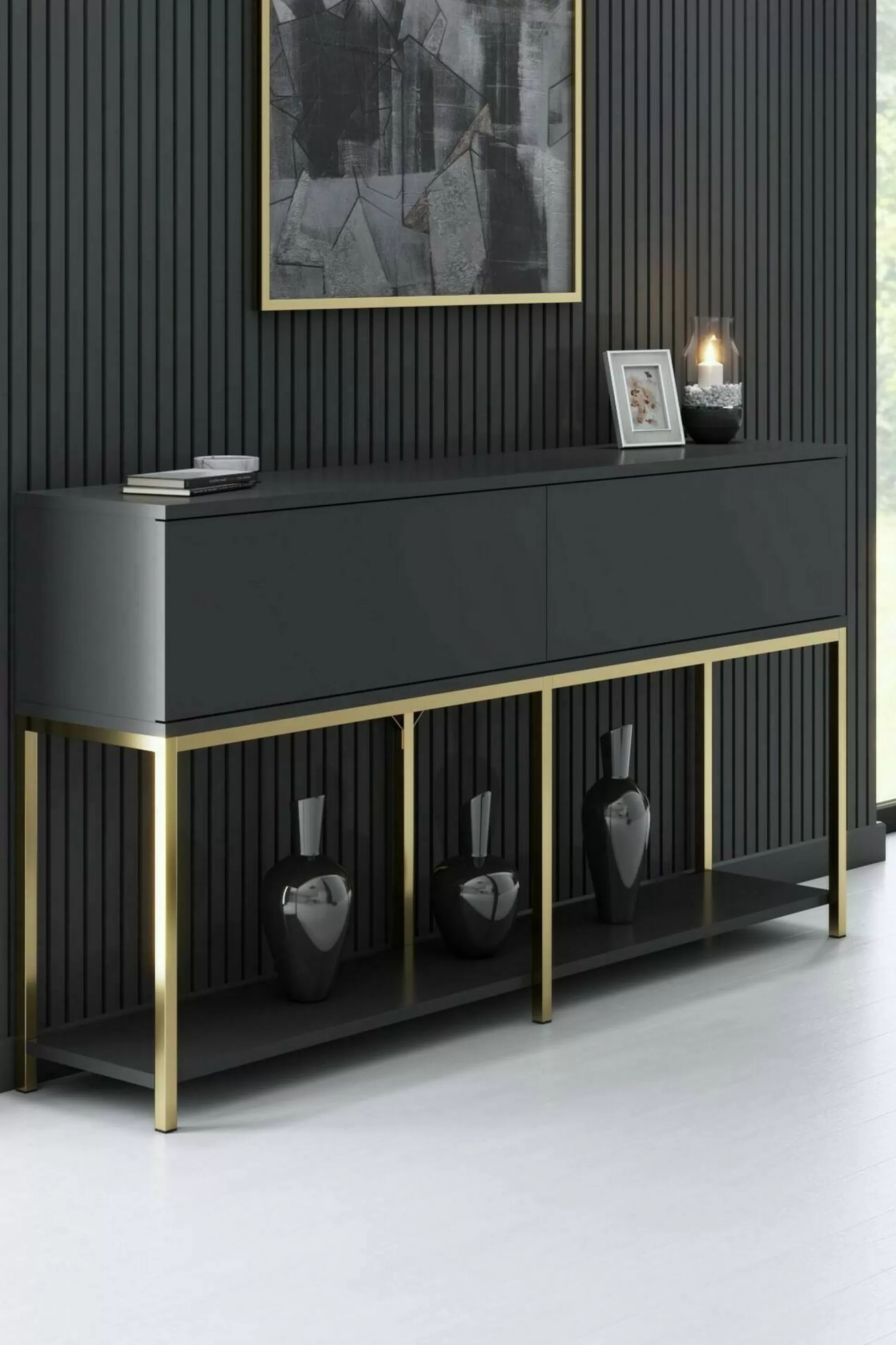 Dmora Credenze<Credenza Basilia, 150x30h80 cm, Antracite e Oro