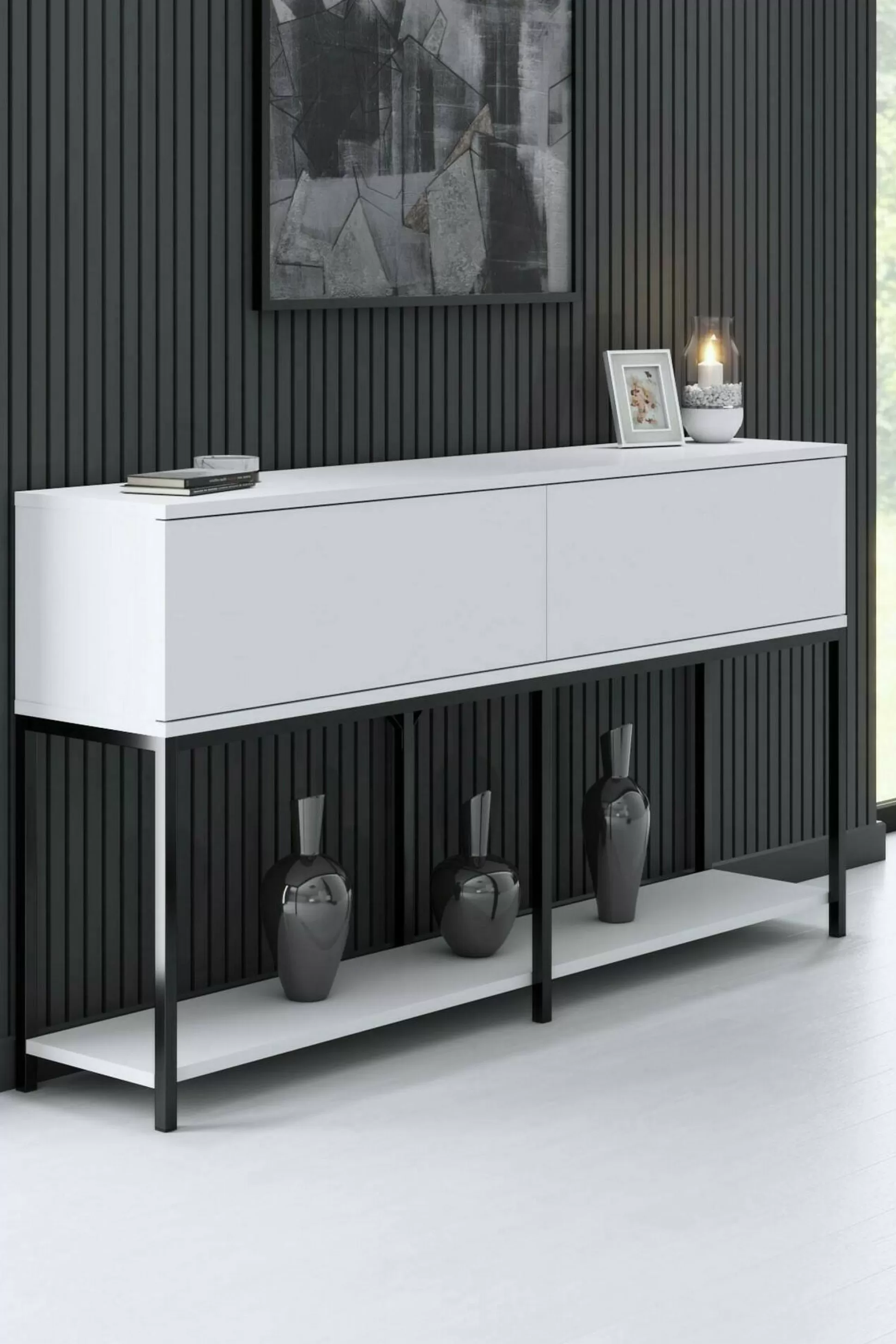 Dmora Credenze<Credenza Basilia, 150x30h80 cm, Bianco e Nero