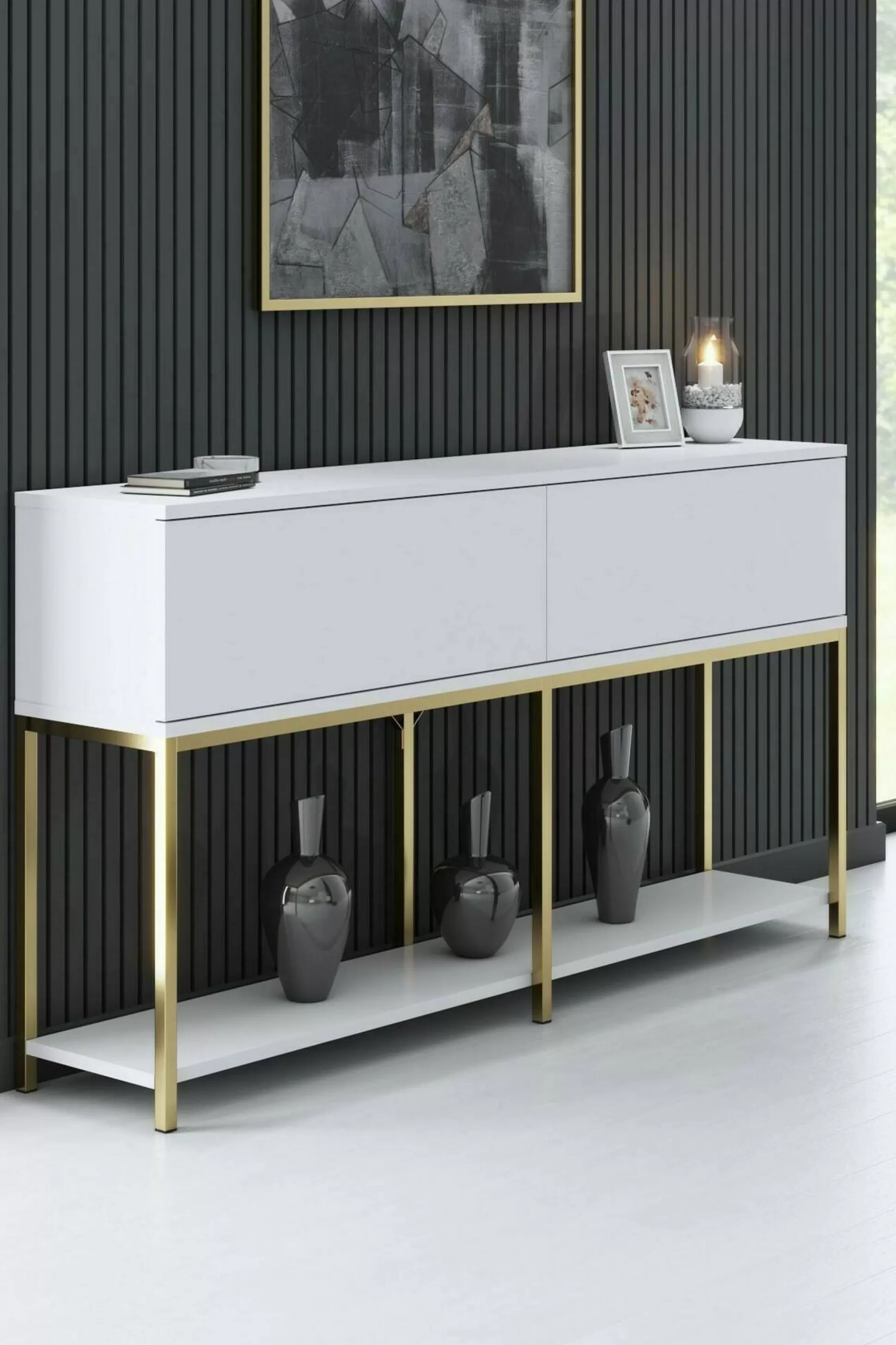 Dmora Credenze<Credenza Basilia, 150x30h80 cm, Bianco e Oro