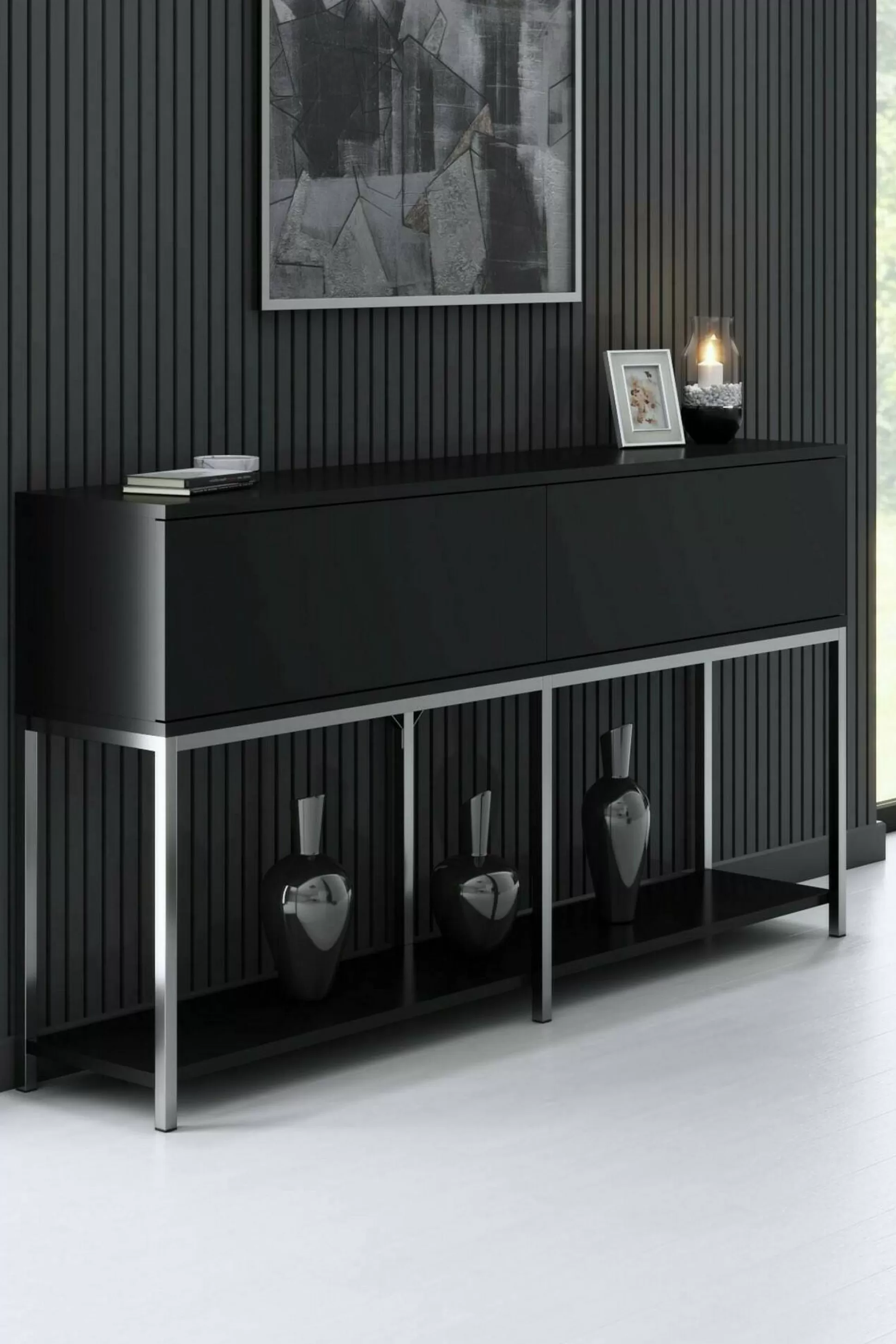 Dmora Credenze<Credenza Basilia, 150x30h80 cm, Nero e Argento