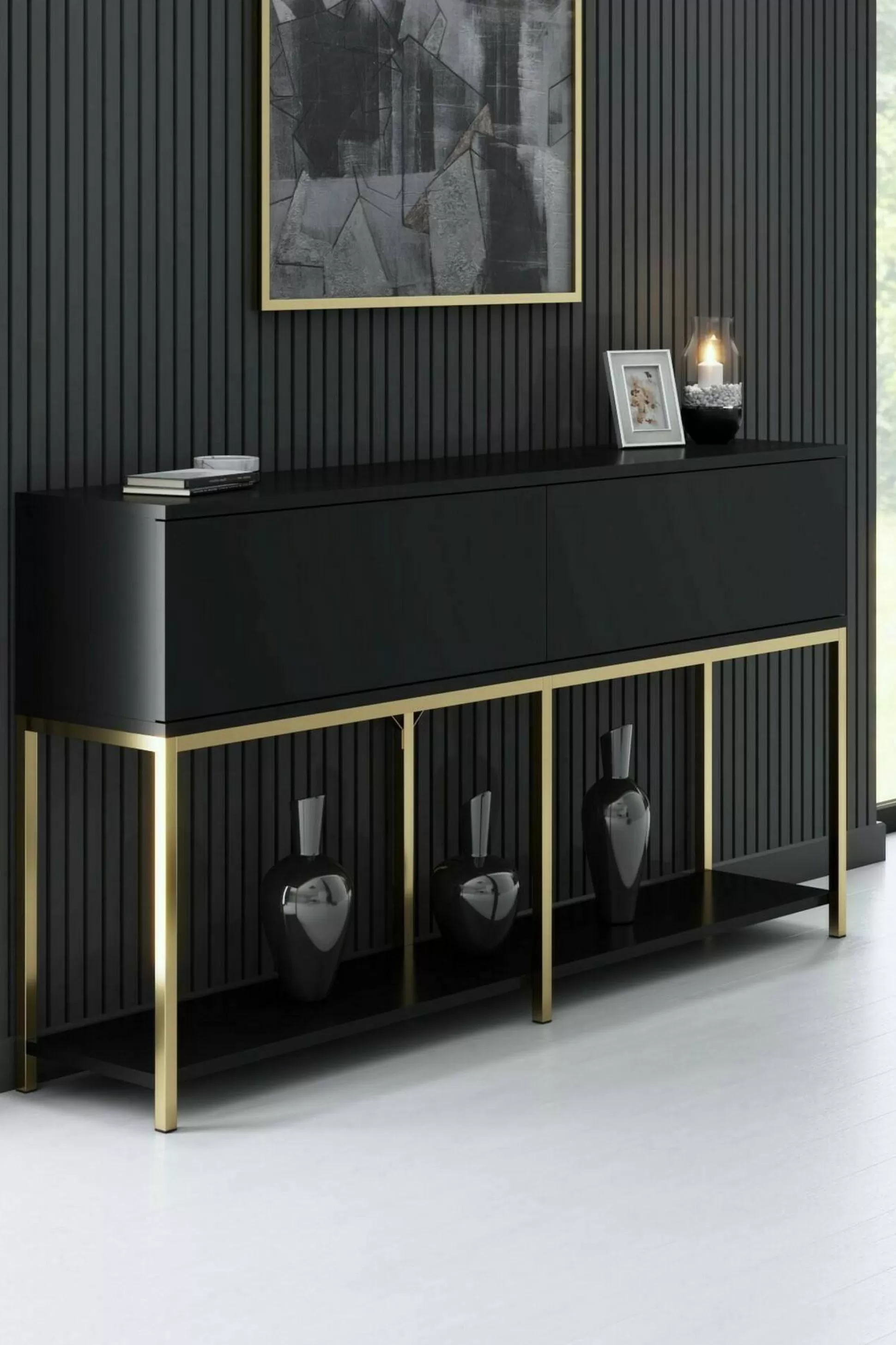 Dmora Credenze<Credenza Basilia, 150x30h80 cm, Nero e Oro