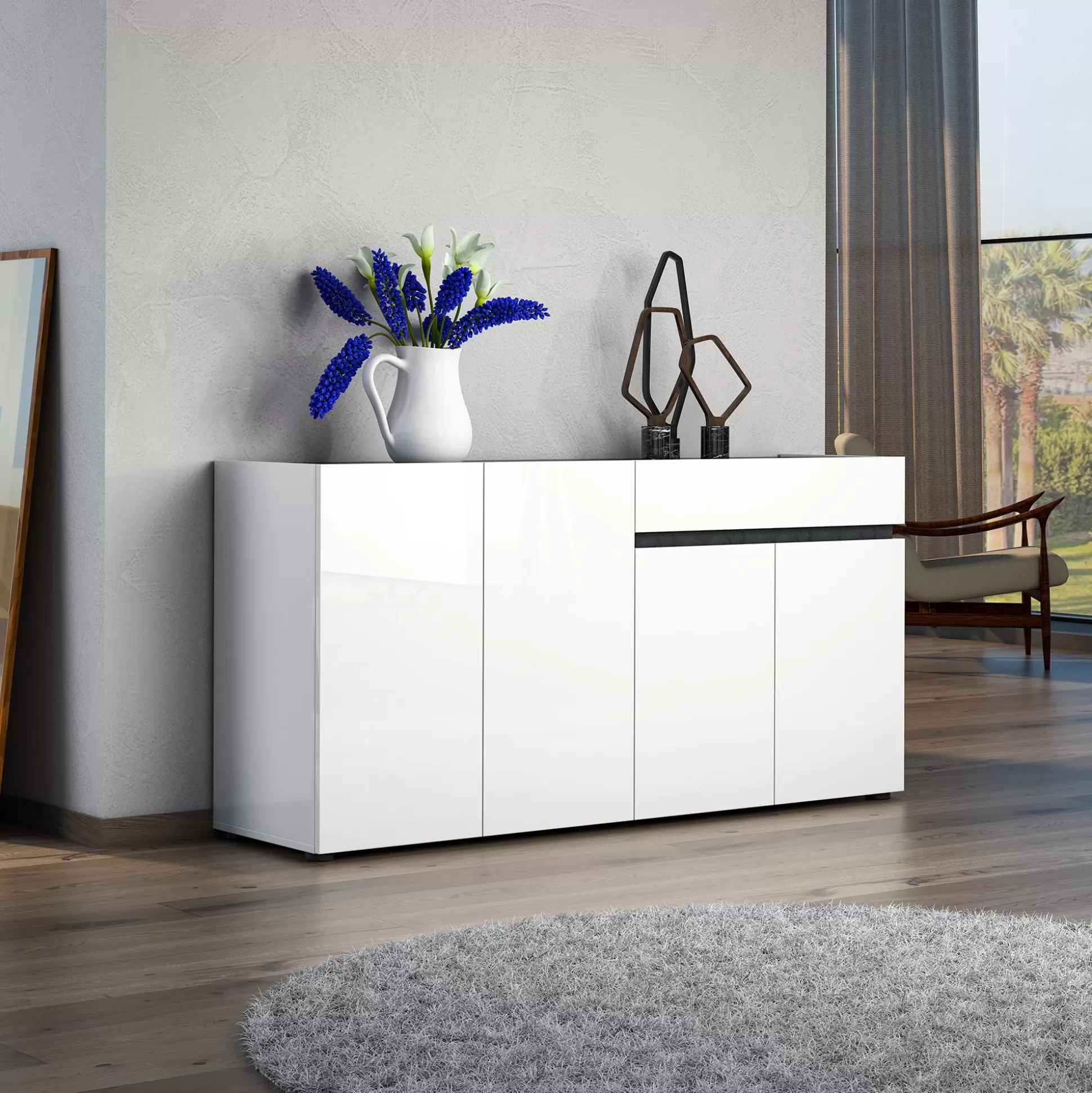 Dmora Credenze<Credenza Beinette, 160x42h80 cm, Bianco lucido e Antracite