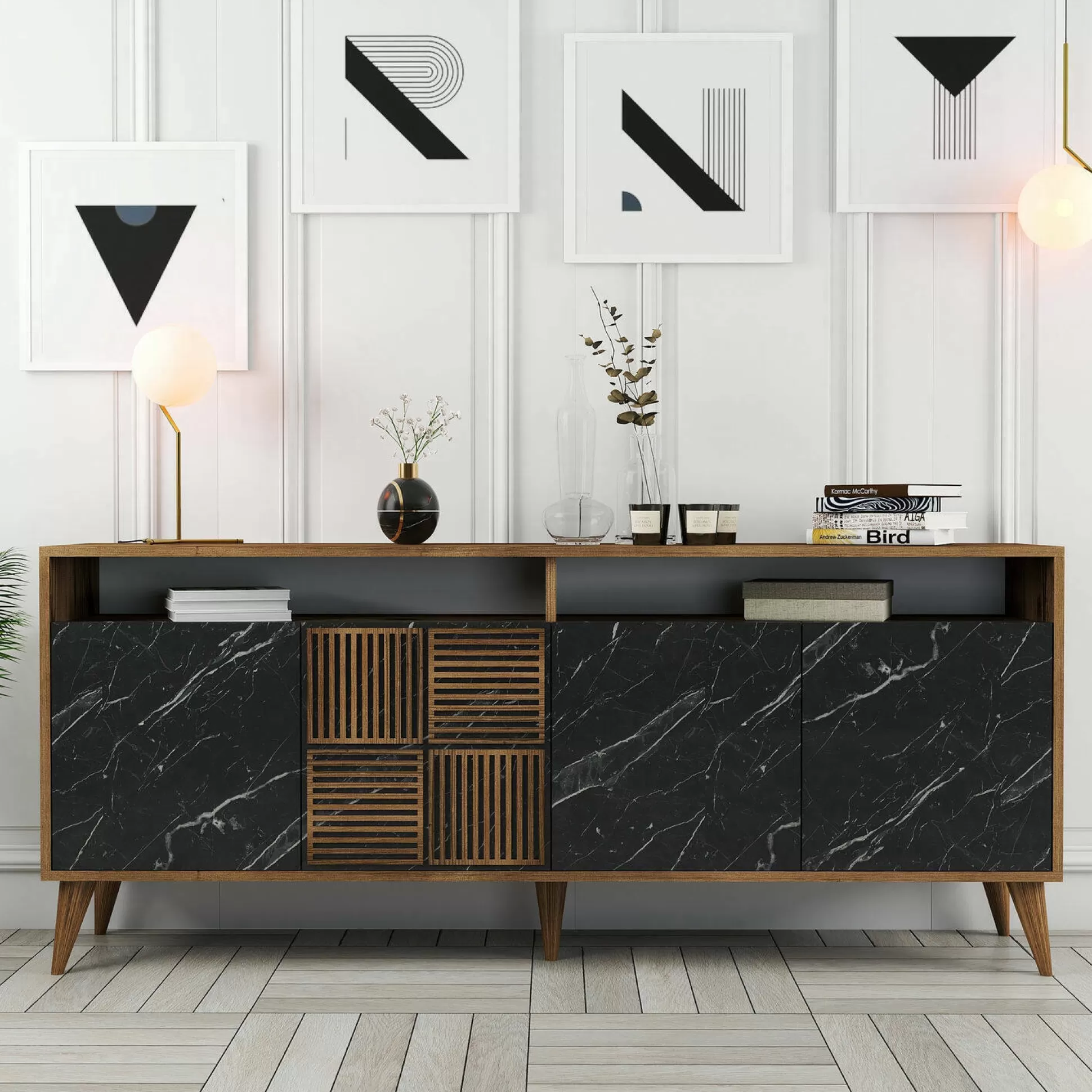 Dmora Credenze<Credenza Benjamin, 180x35 h79 cm, Noce e Nero