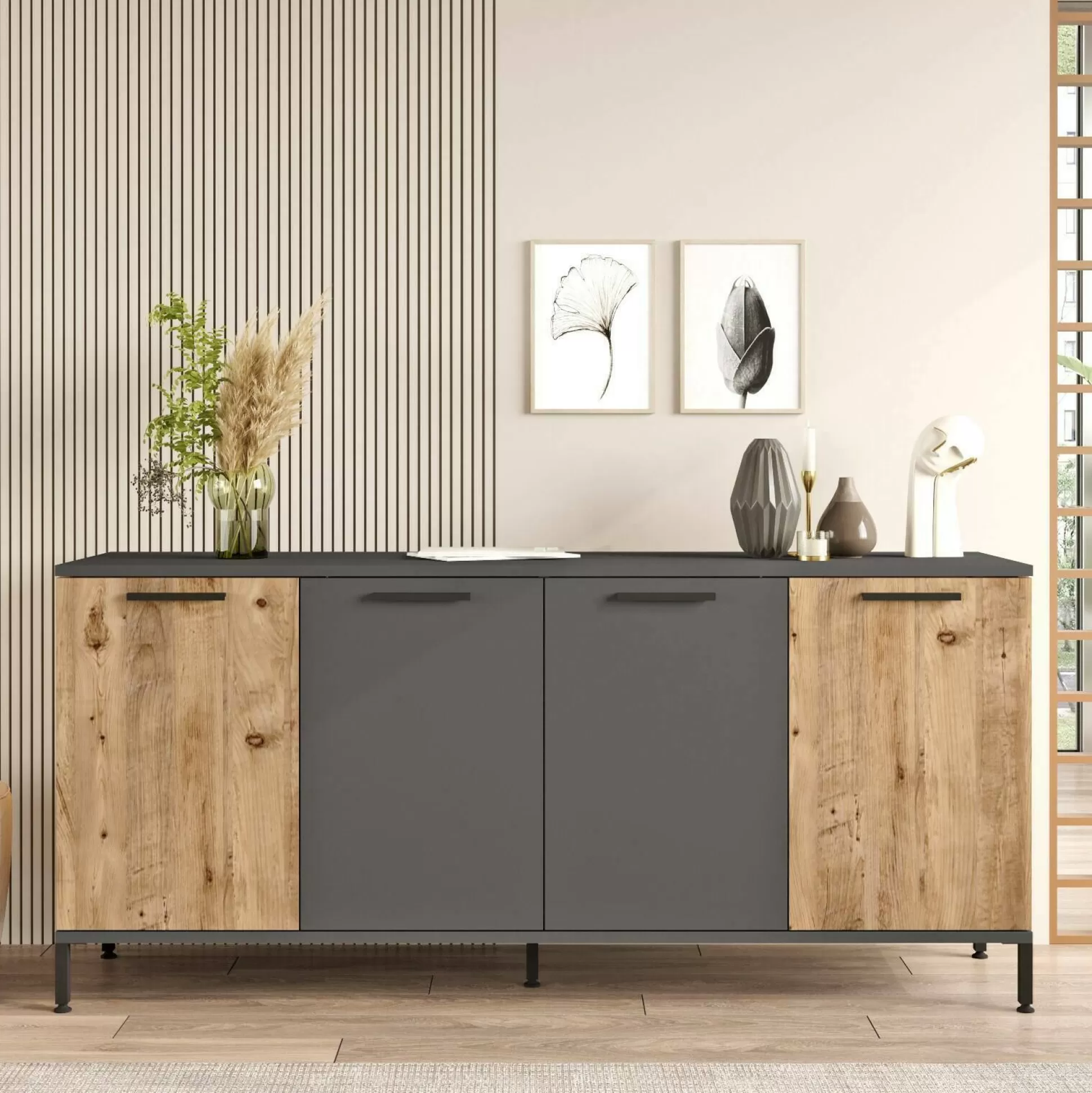 Dmora Credenze<Credenza Bratislava, 160x40 h72 cm, Quercia e Antracite