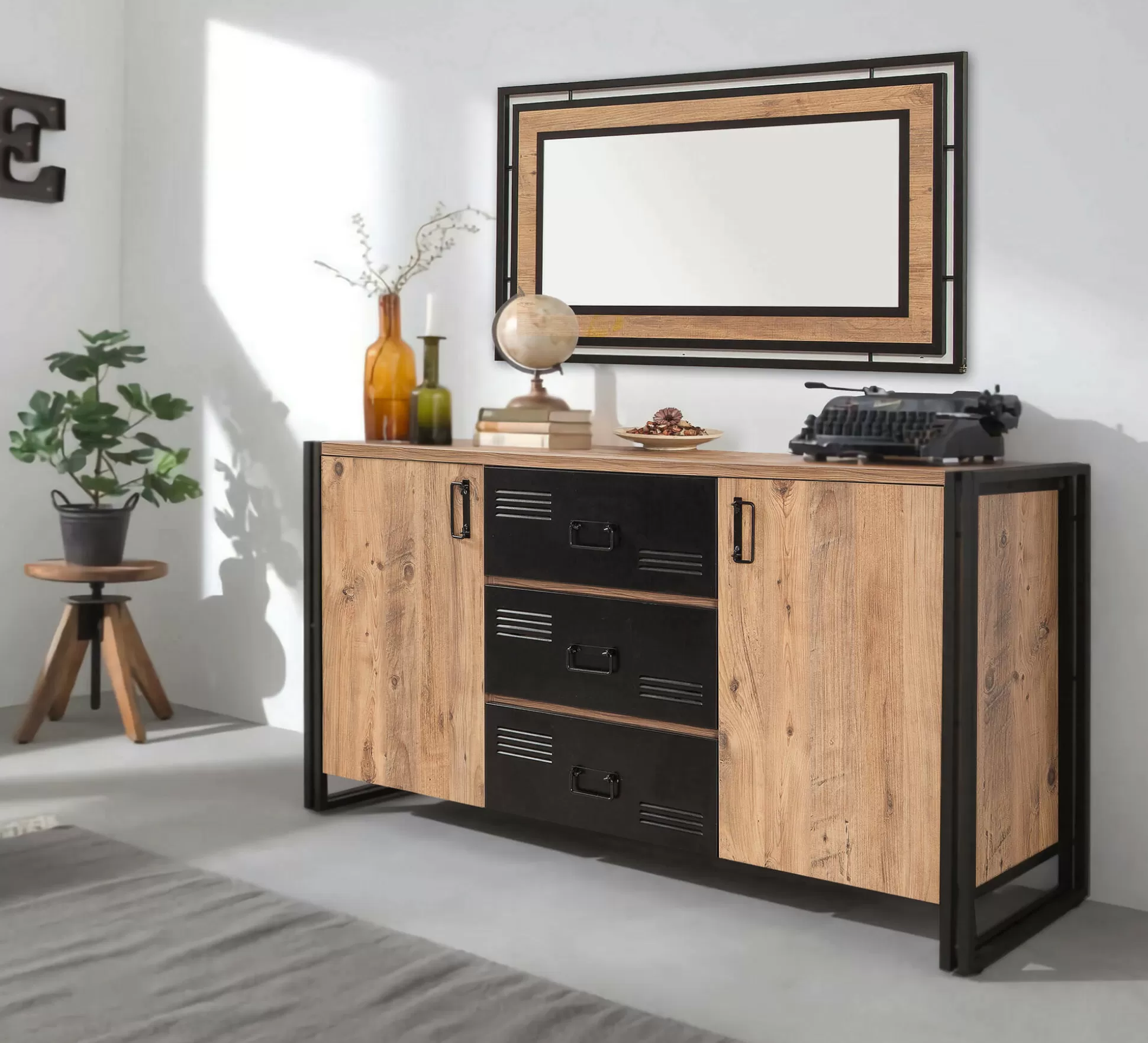 Dmora Credenze<Credenza Cimaron, 160x45 h80 cm, Quercia e Nero