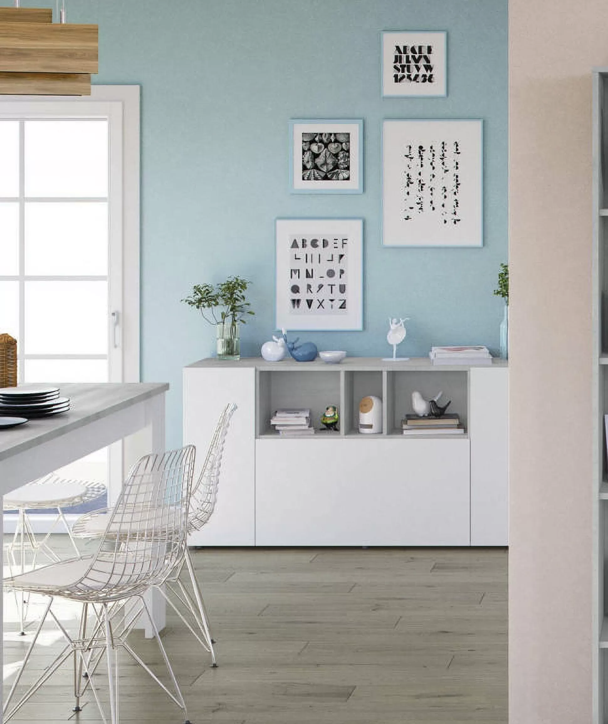 Dmora Credenze<Credenza Crisantemo, 150x41h76 cm, Bianco e Cemento