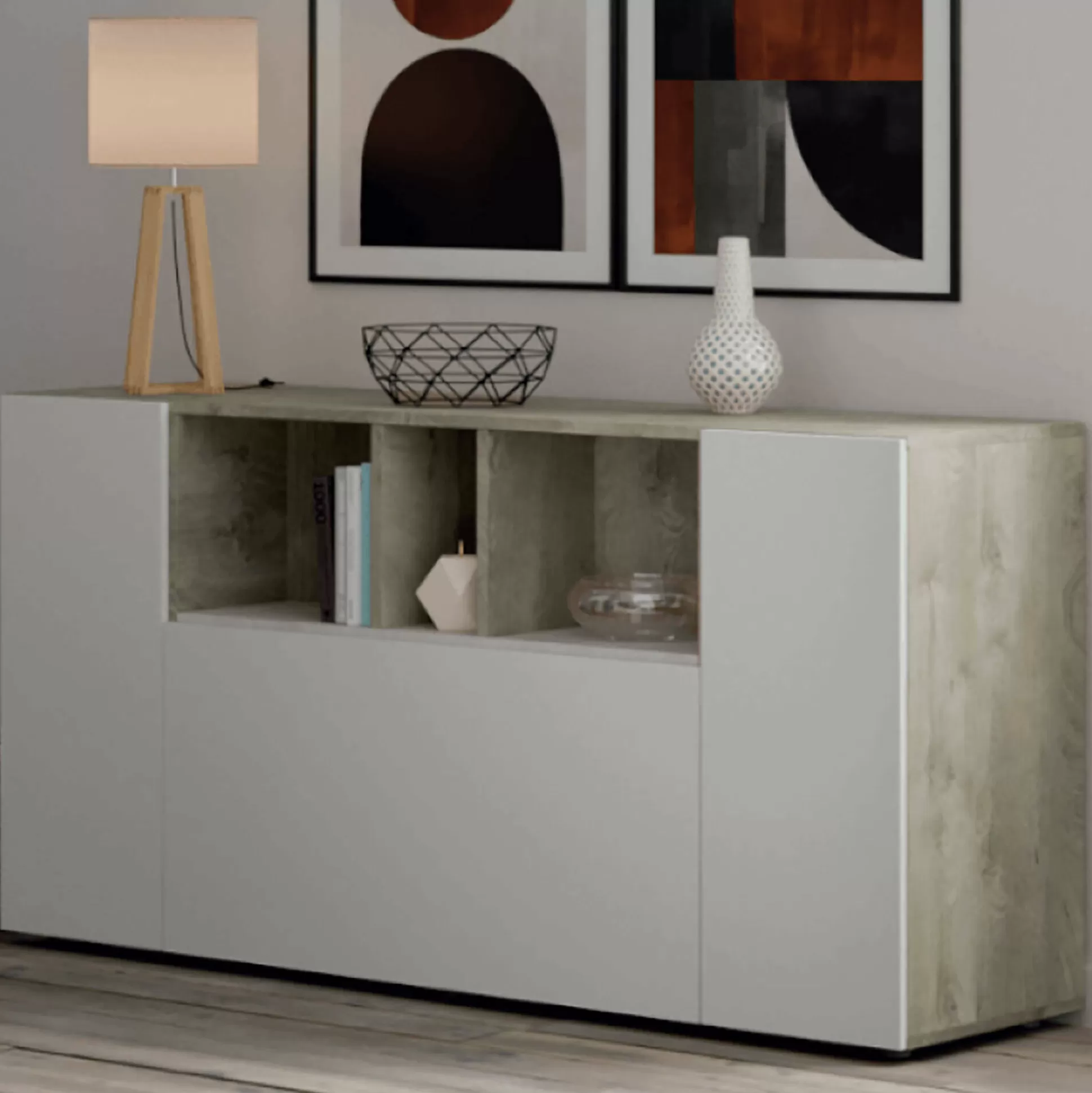 Dmora Credenze<Credenza Crisantemo, 150x41h76 cm, Bianco e Rovere