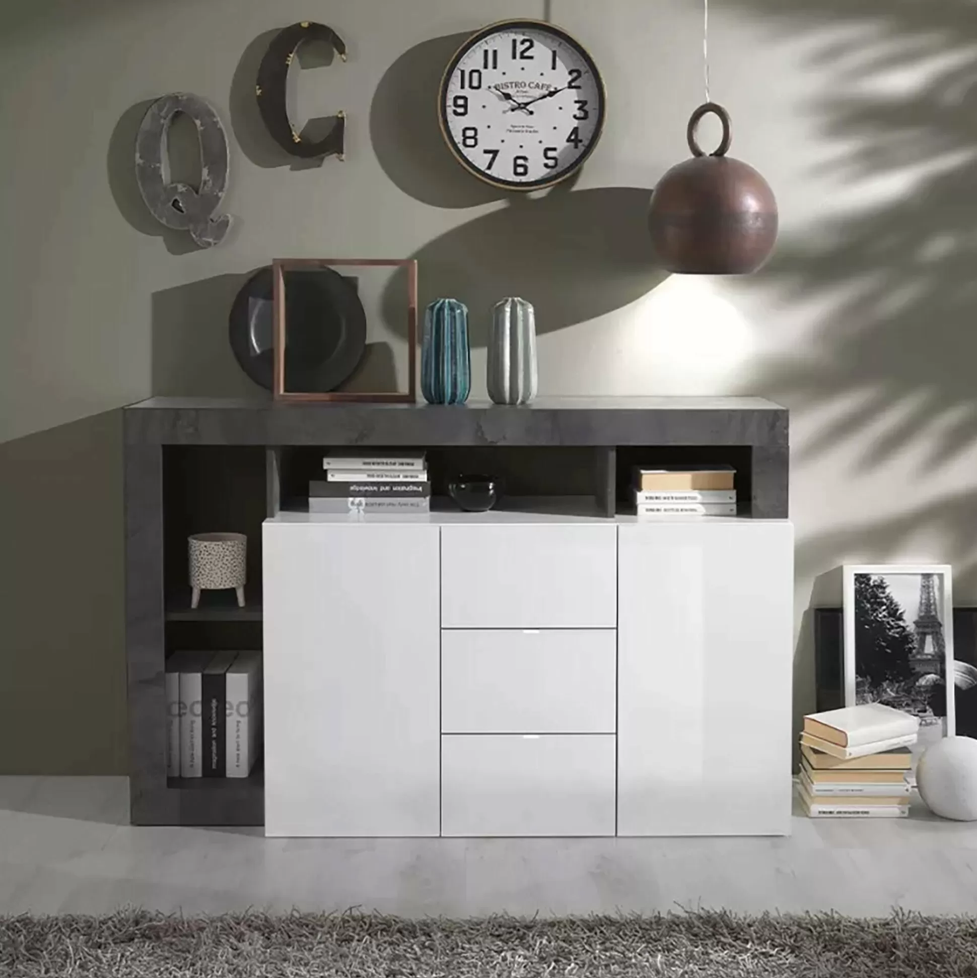 Dmora Credenze<Credenza Dalle, 146x42 h93 cm, Bianco lucido e Ardesia
