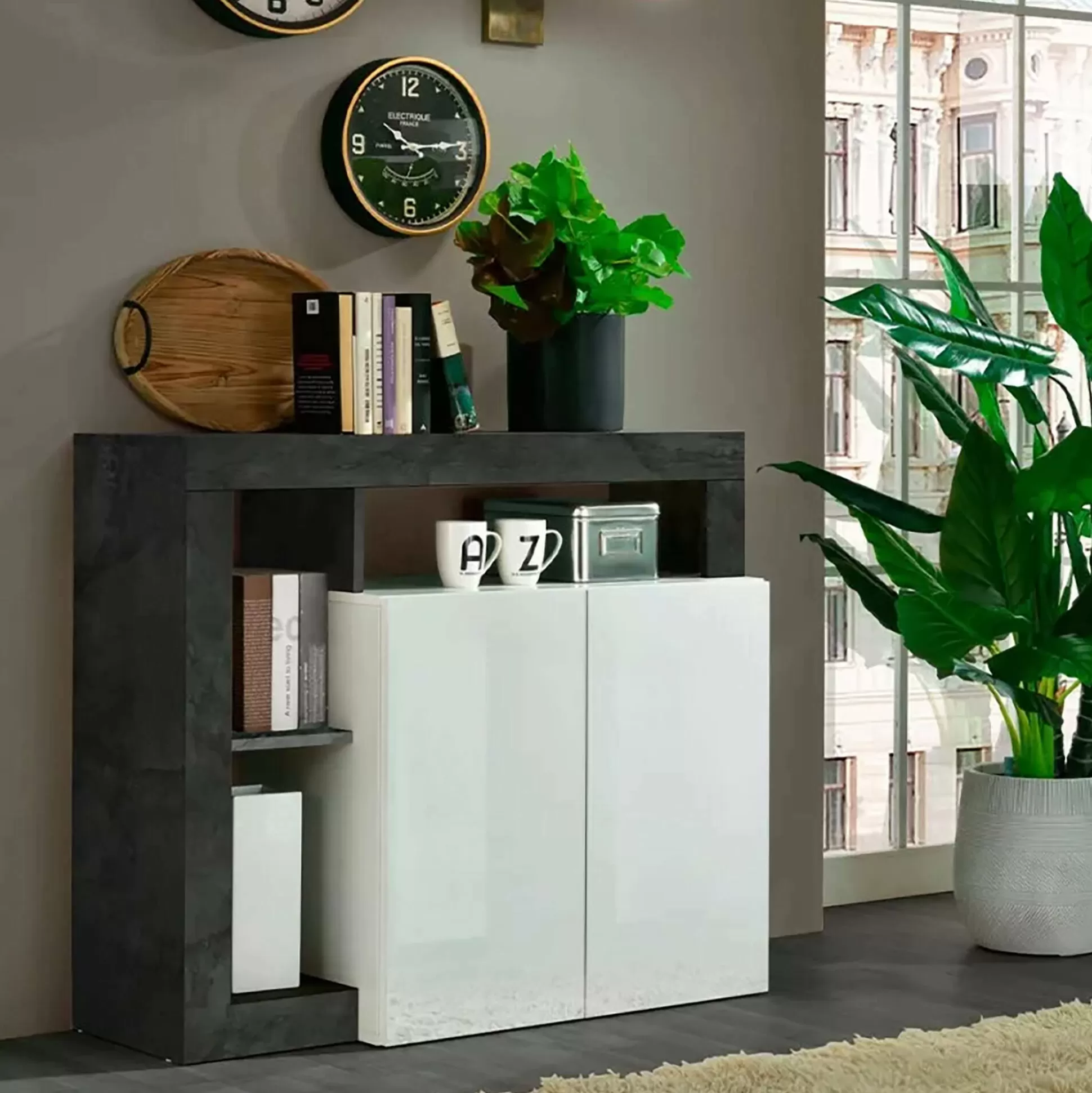 Dmora Credenze<Credenza Dalle, 108x42 h93 cm, Bianco lucido e Ardesia