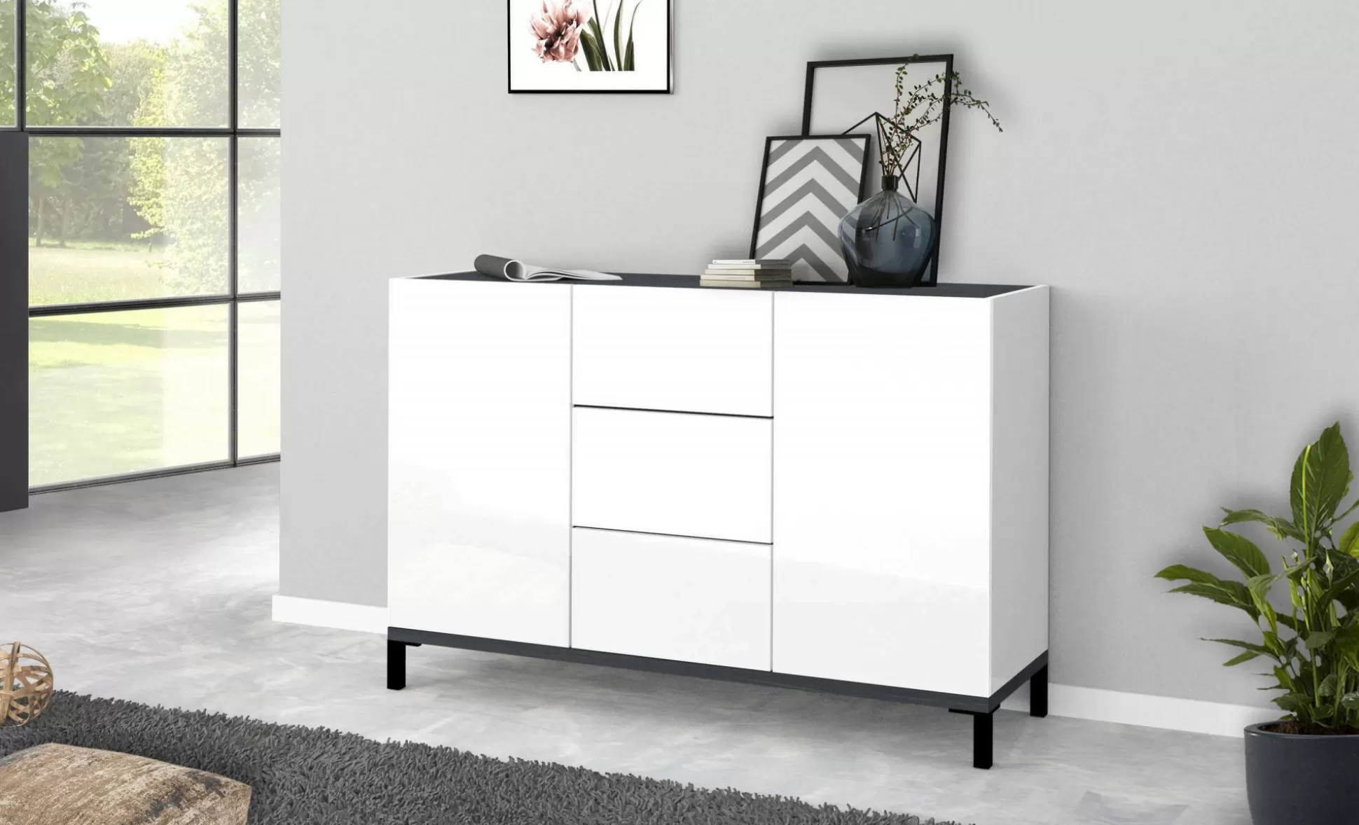Dmora Credenze<Credenza Dannes, cm 120x40h80, Bianco lucido e Ardesia