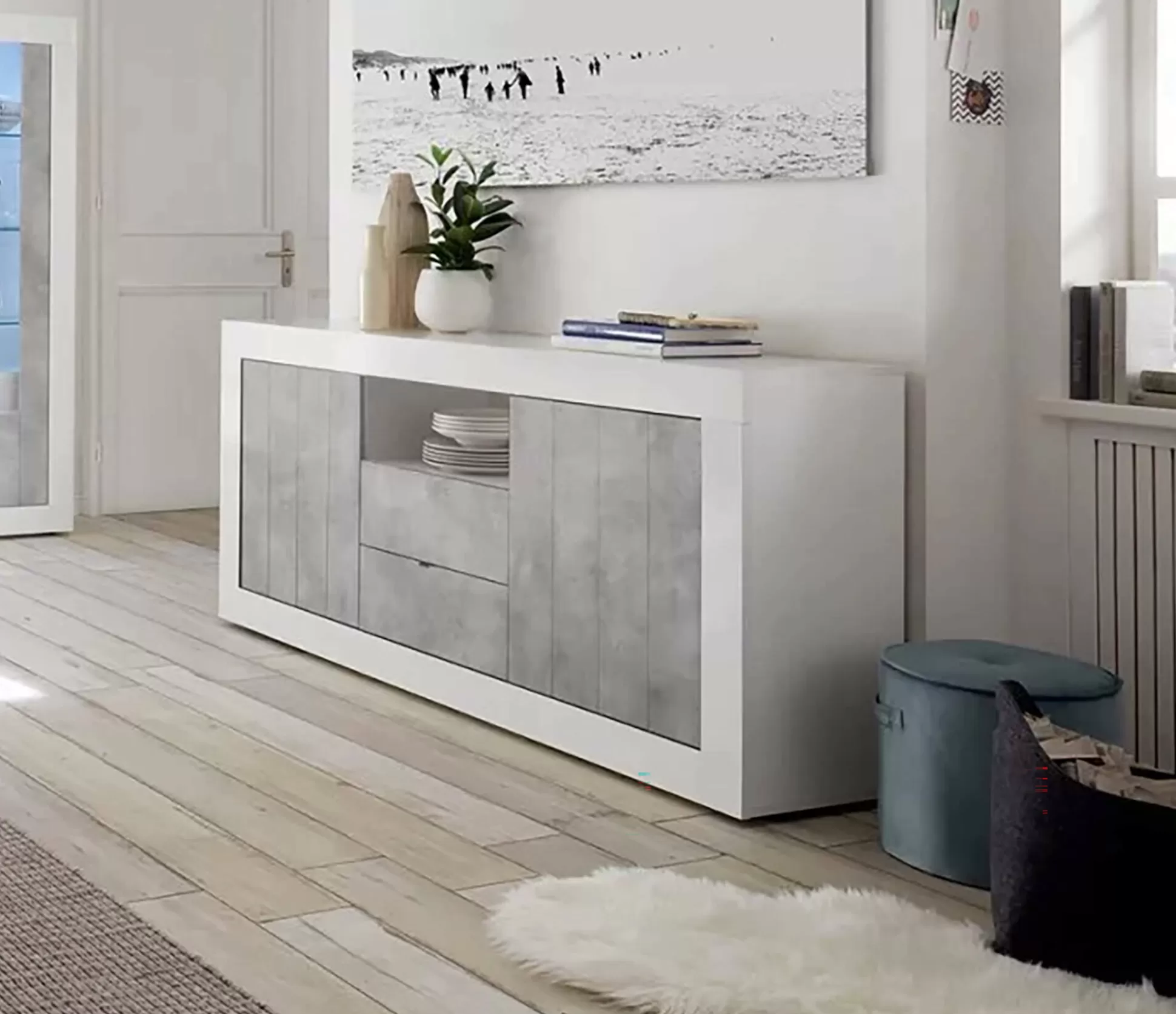 Dmora Credenze<Credenza Ddaniel, 184x42 h86 cm, Bianco lucido e Cemento