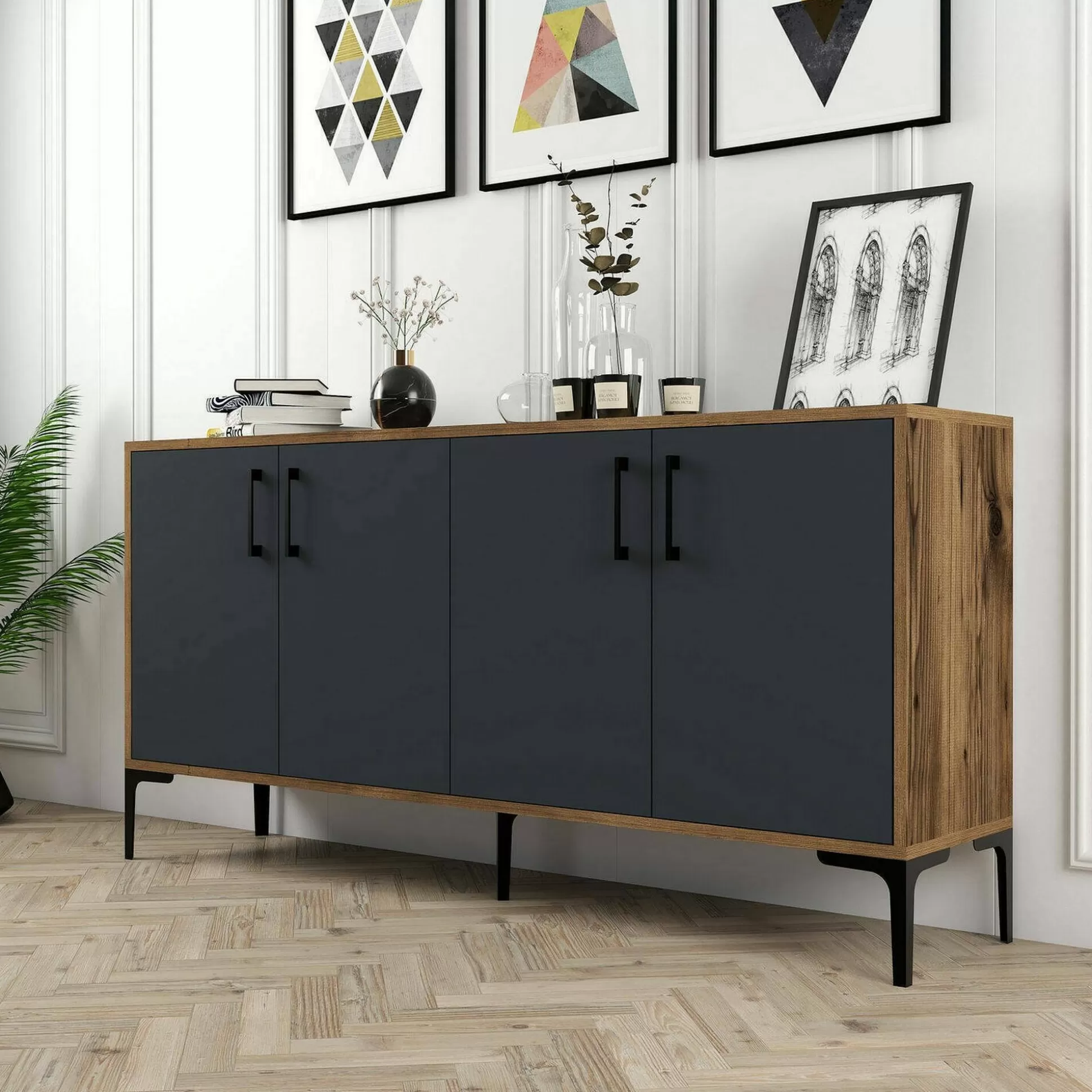 Dmora Credenze<Credenza Dflamign, 160x35h78 cm, Noce e Antracite