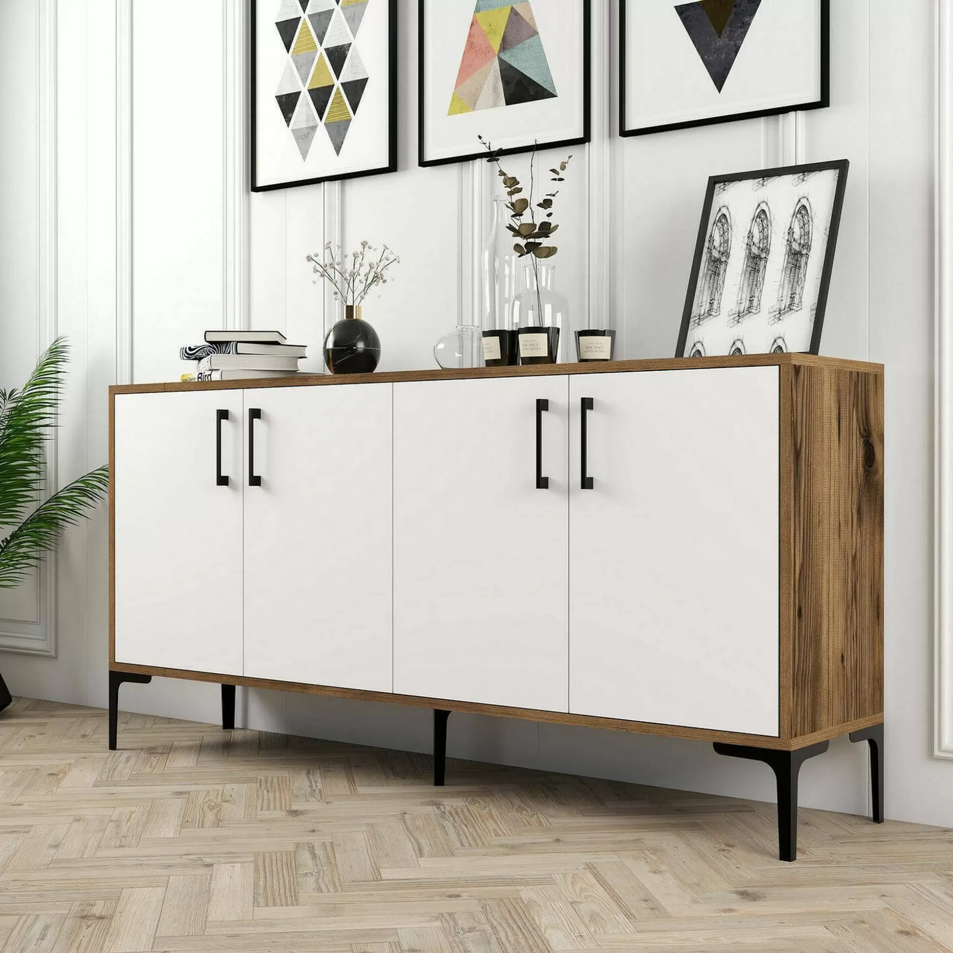 Dmora Credenze<Credenza Dflamign, 160x35h78 cm, Noce e Bianco