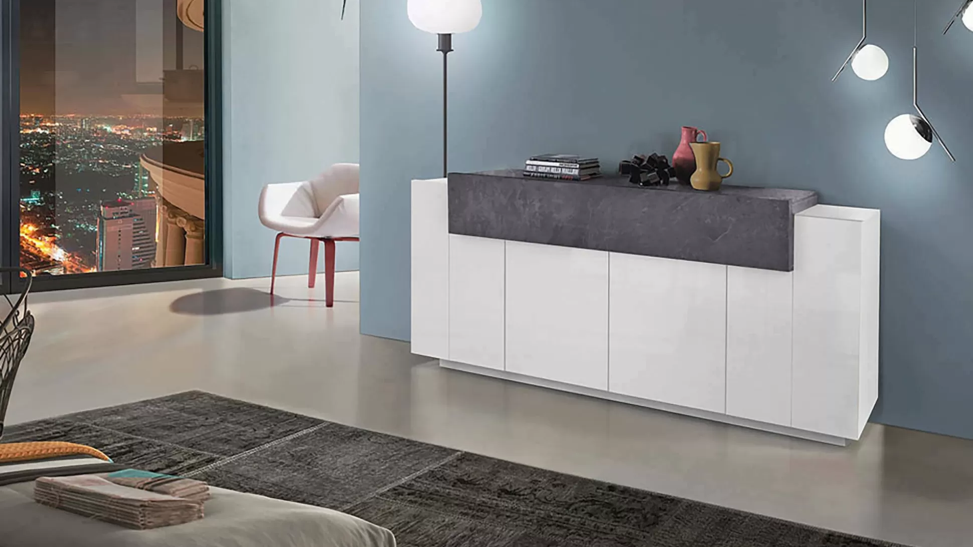 Dmora Credenze<Credenza Dgerl, cm 200x45h86, Bianco lucido e Ardesia