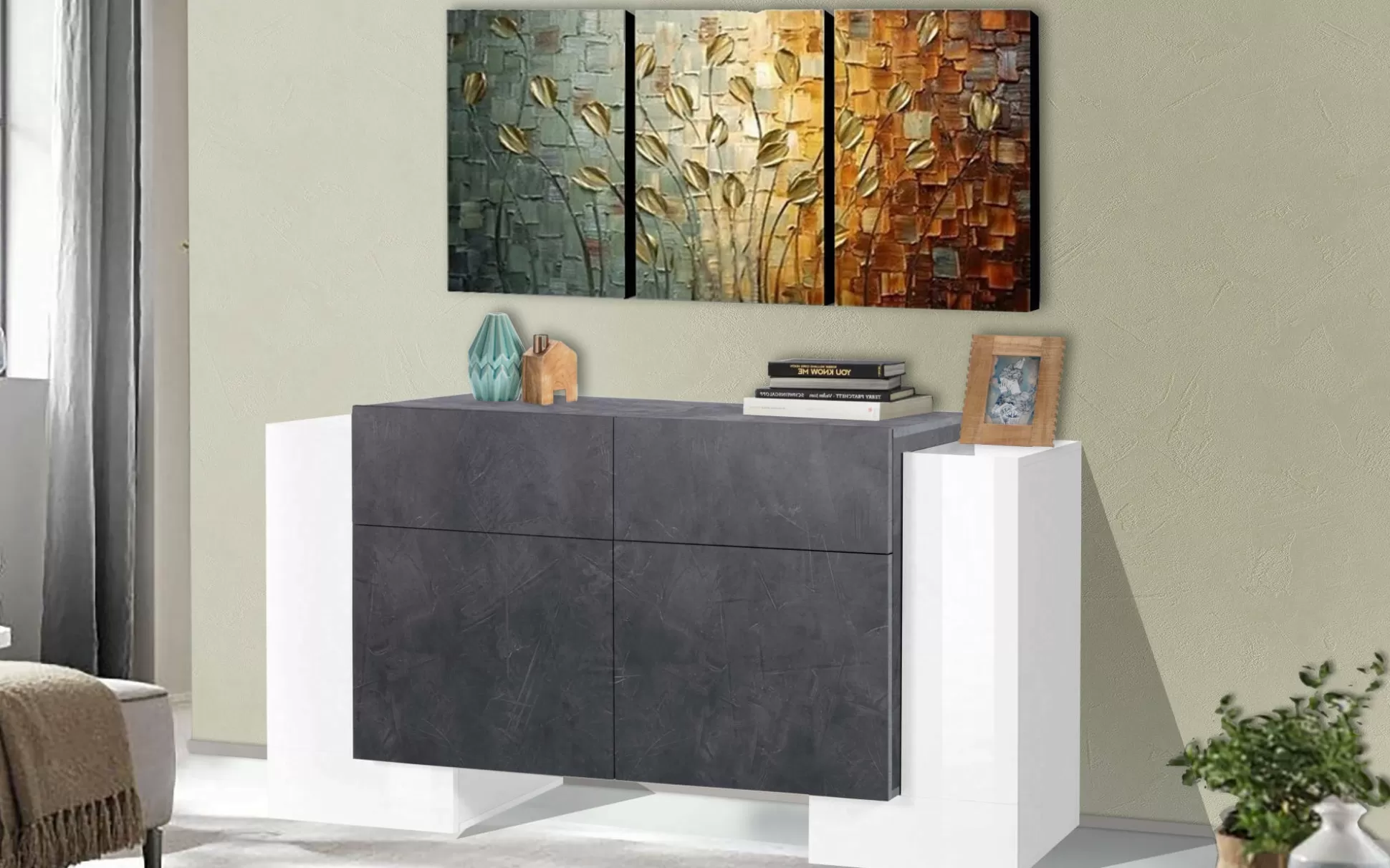 Dmora Credenze<Credenza Dguan, cm 170x45h85, Bianco lucido e Ardesia