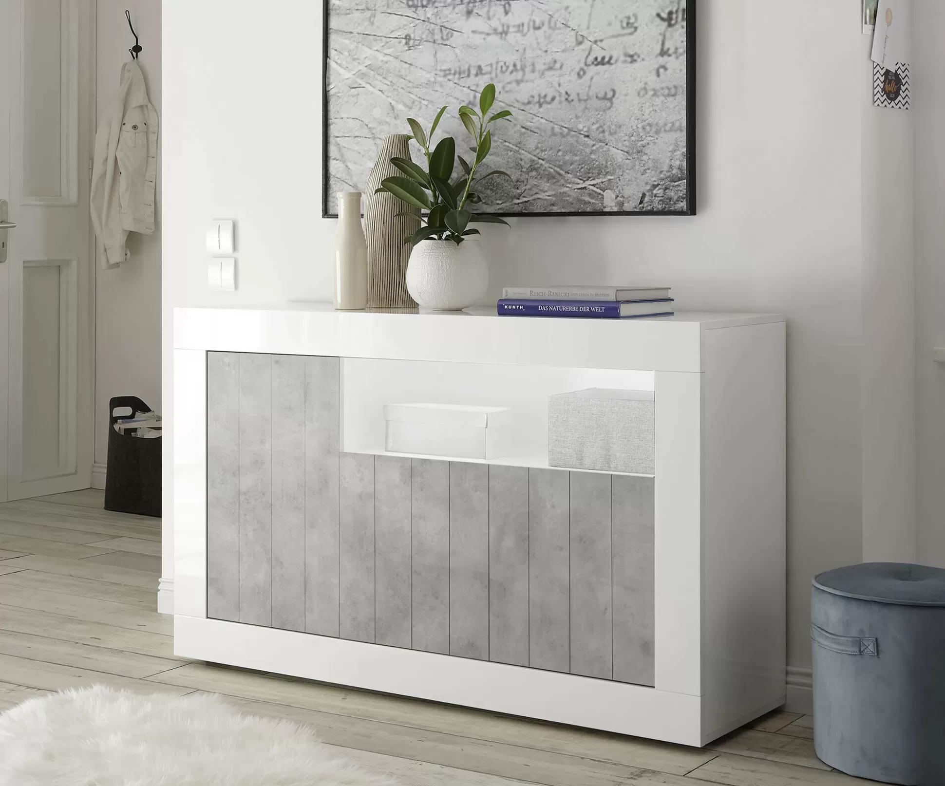 Dmora Credenze<Credenza Diguodal, 138x42 h86 cm, Cemento e Bianco lucido